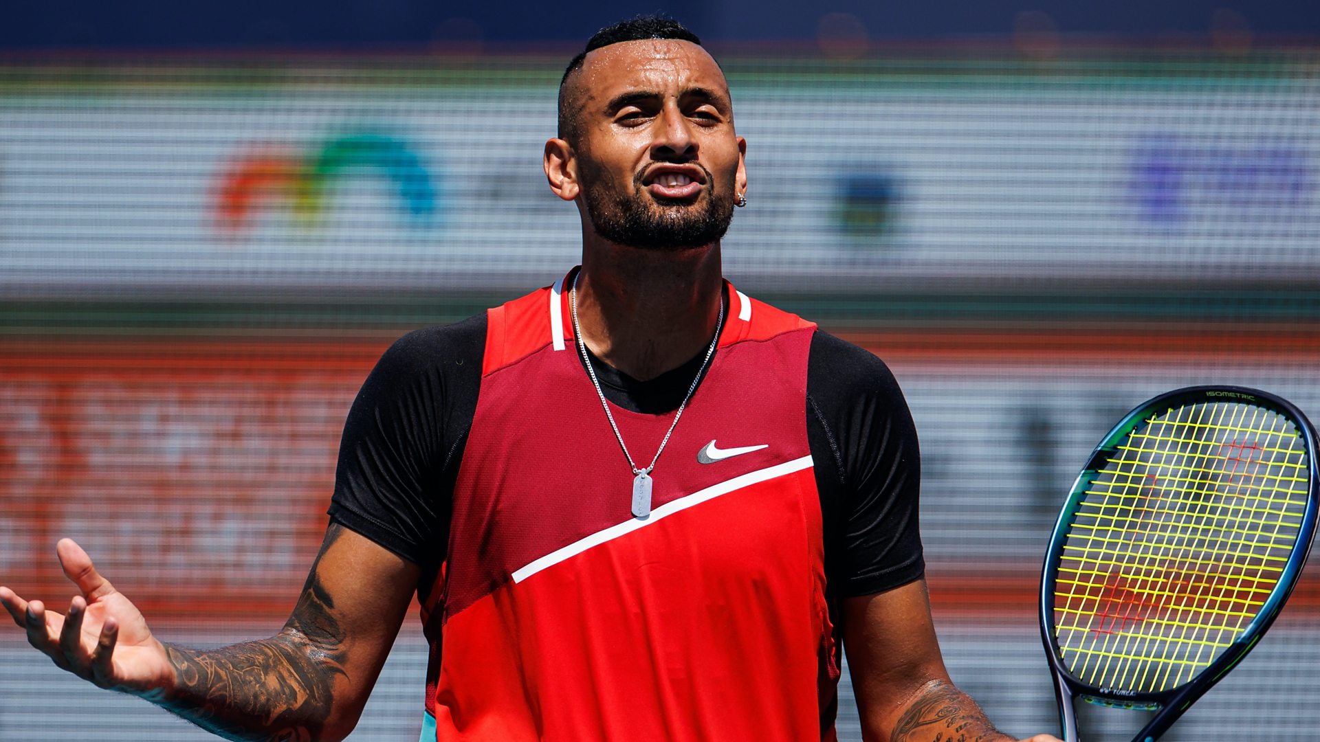 Watch Nick Kyrgios docked game for rowing with umpire and smashing racquet at Miami Open