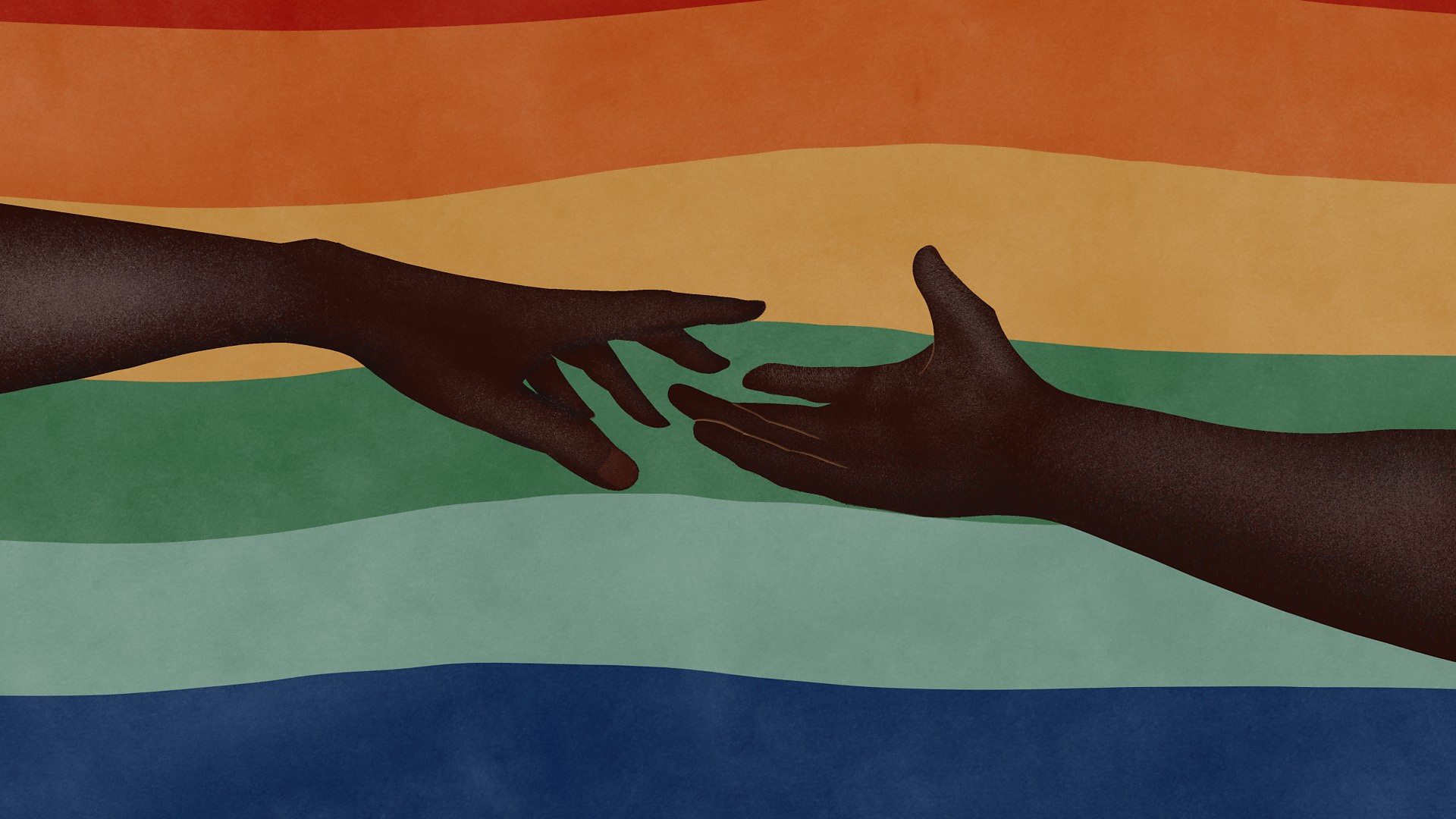 Two reaching hands on a rainbow flag background (Credit: Getty Images)