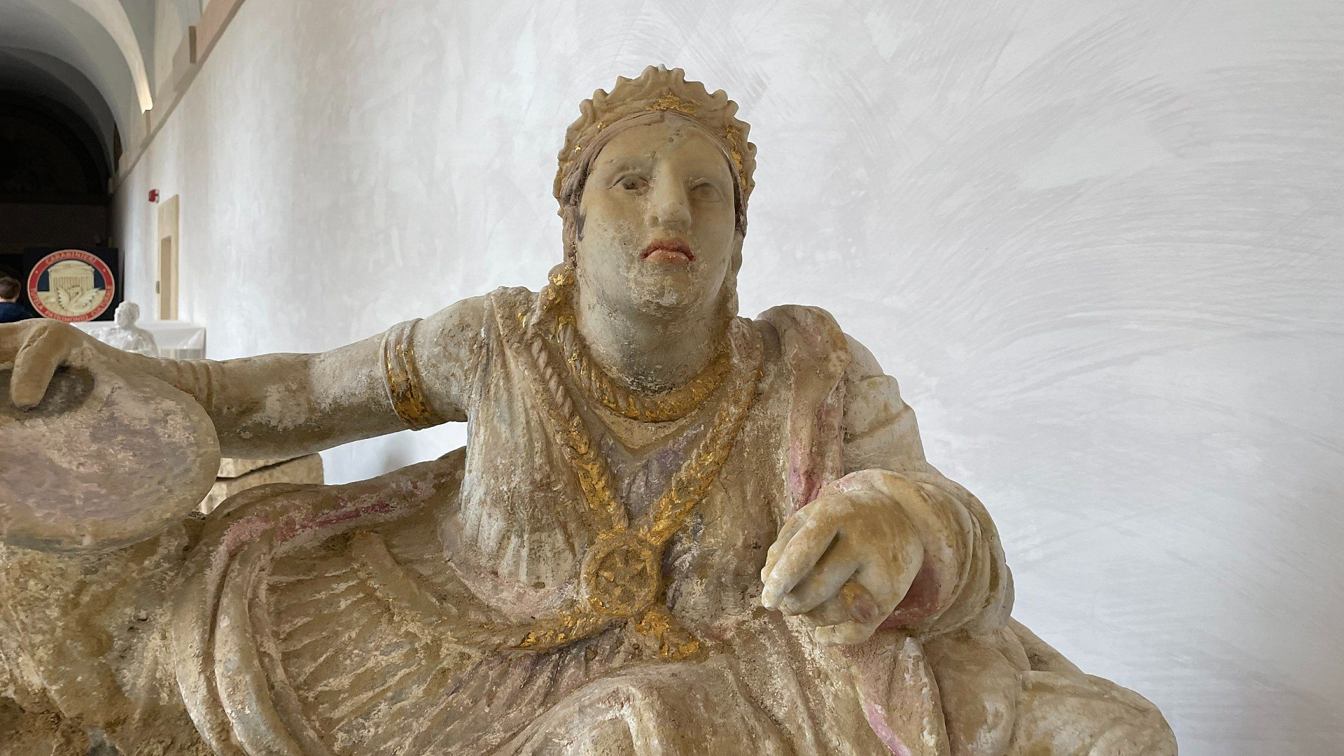A looted Etruscan urn recovered by the Carabinieri Command for the Protection of Cultural Heritage in Italy, now stationed at its HQ in Rome (Credit: BBC)