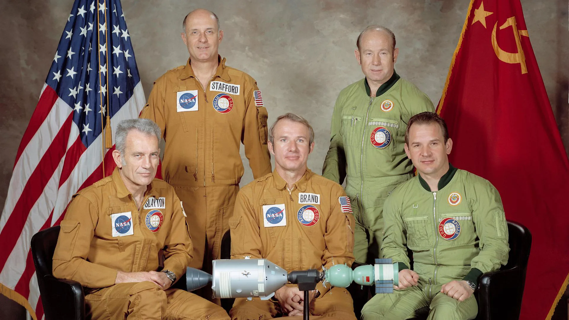 Photograph of the US and Soviet crew meeting in space (Credit: Nasa)