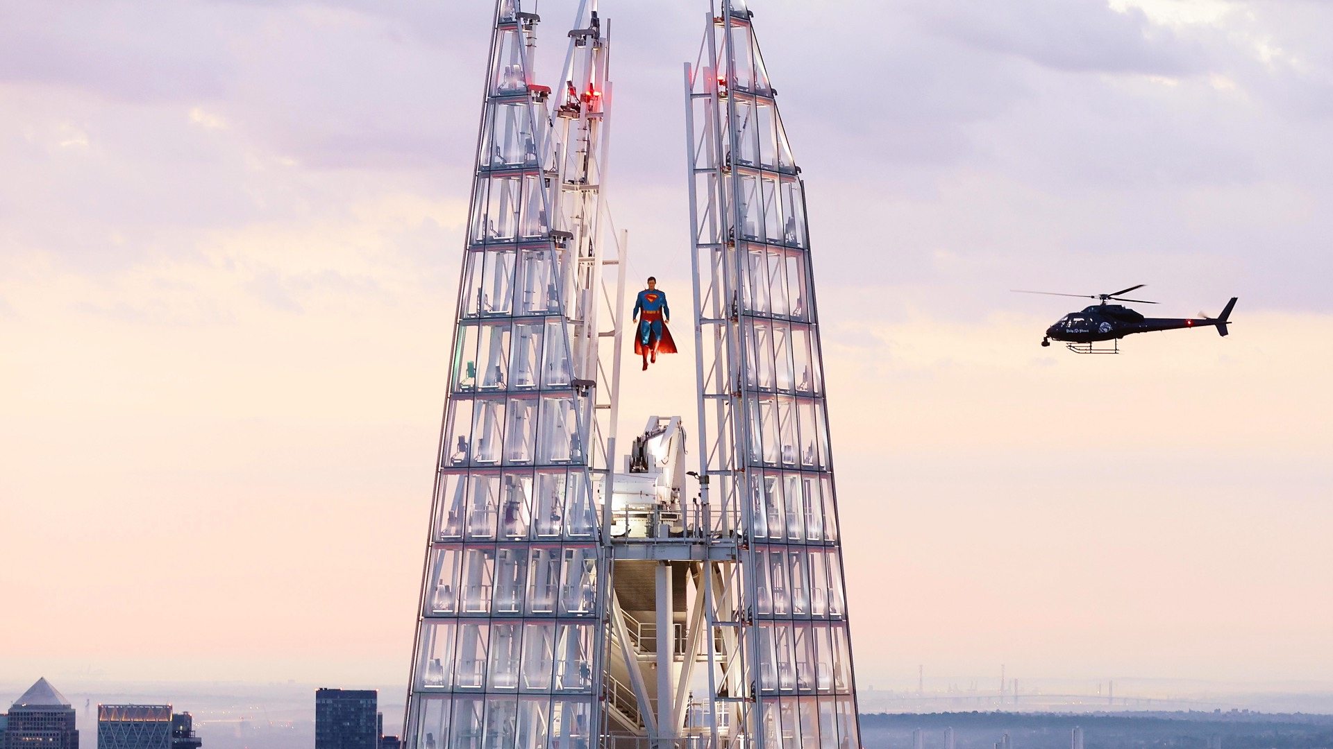 Superman figure levitates from the peak of London’s Shard