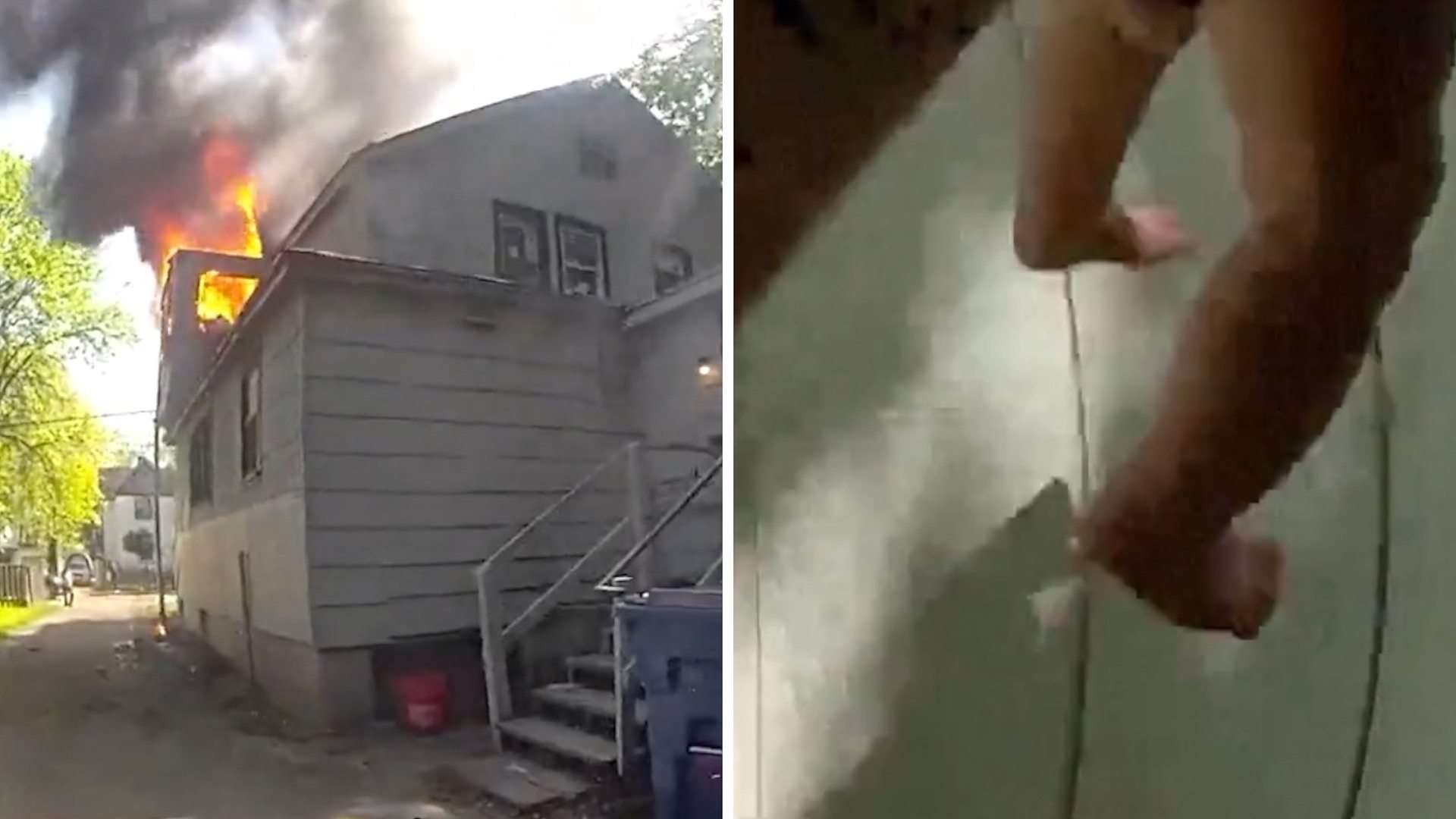 Police officer catches baby dropped from window of burning home
