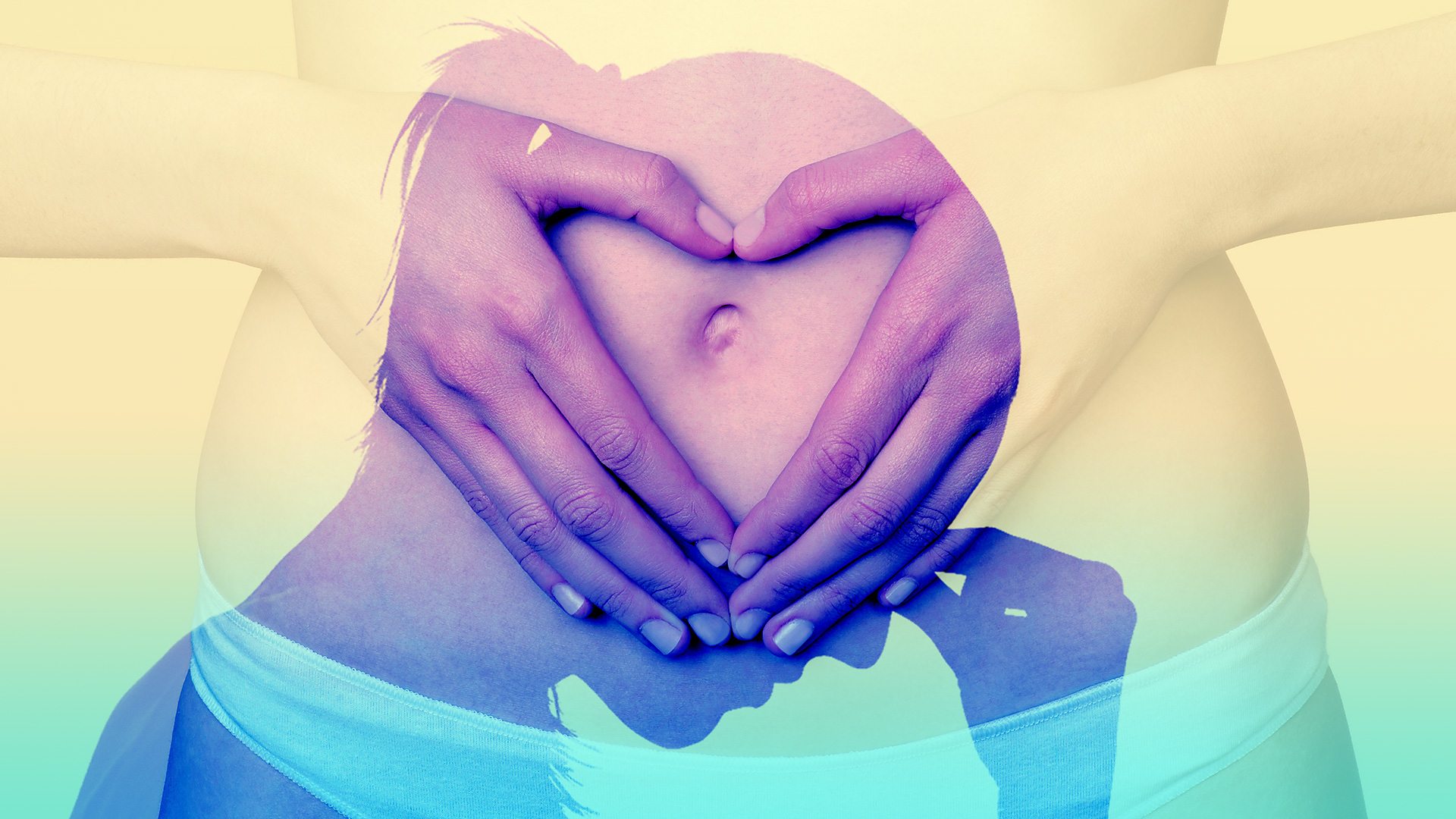 An image of a woman holding her stomach overlaid with an image of a woman with her head in her hands.