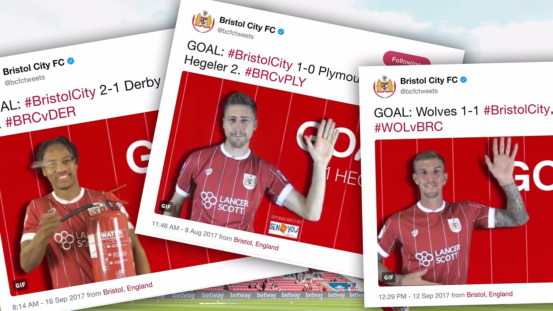 Goal celebration gifs from Reid, Hegeler and Flint, on background of Ashton Gate stadium