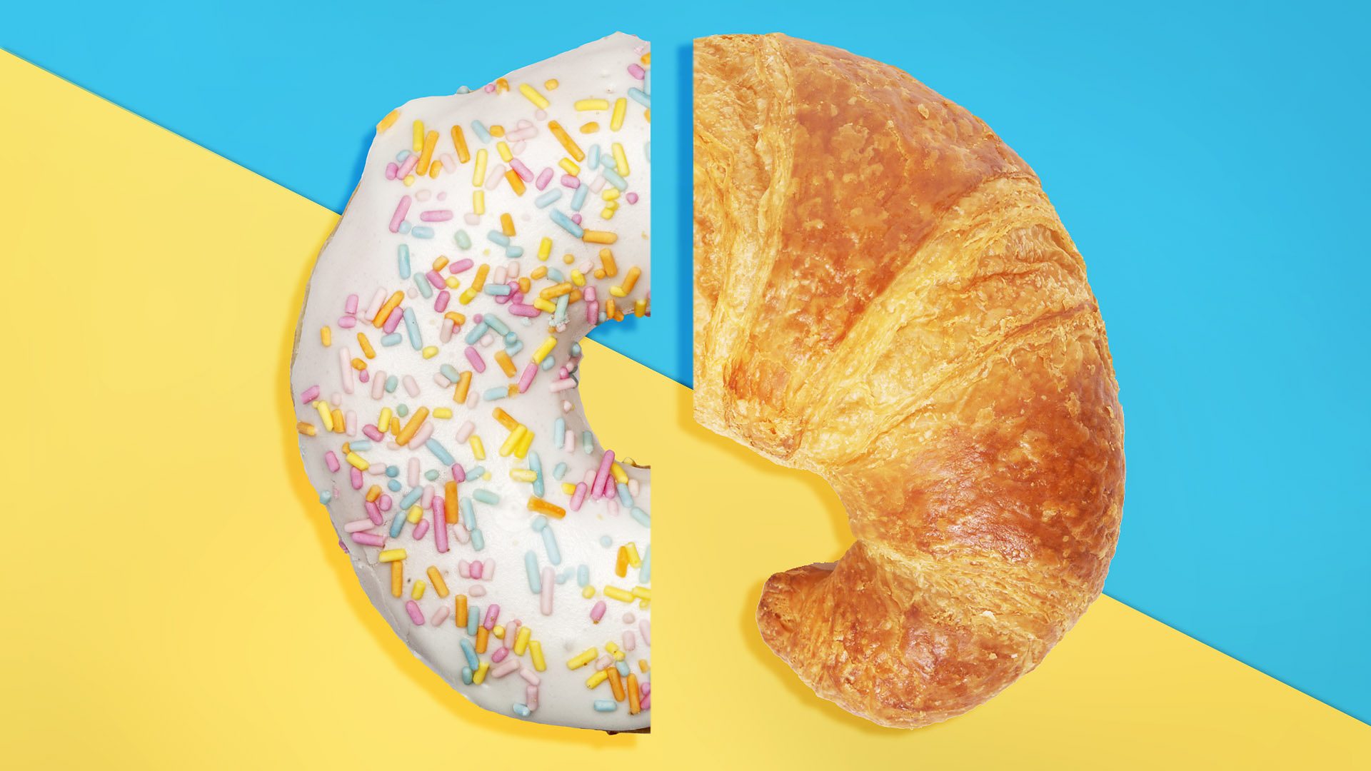 A doughnut half pictured opposite a croissant half