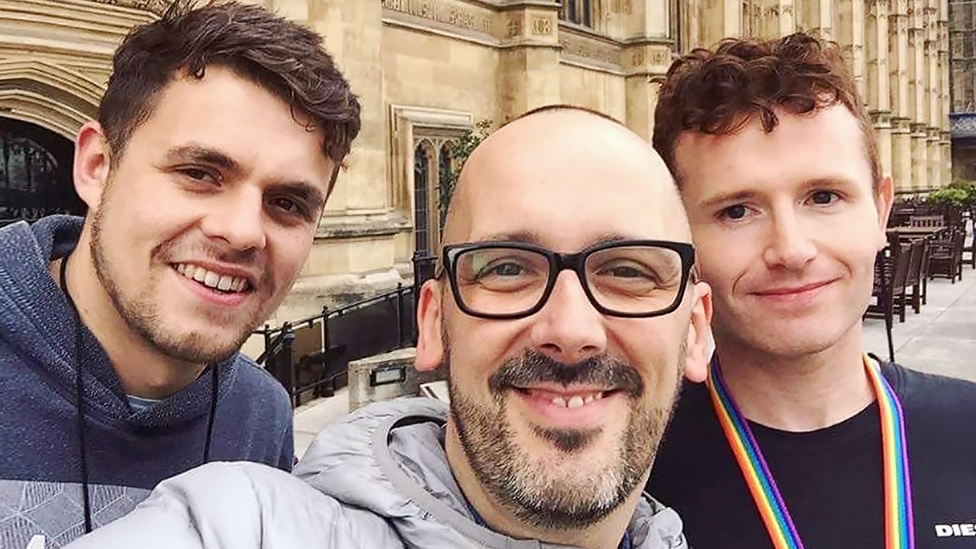 Sam in London with members of Survivors Manchester, a support group for victims of male rape