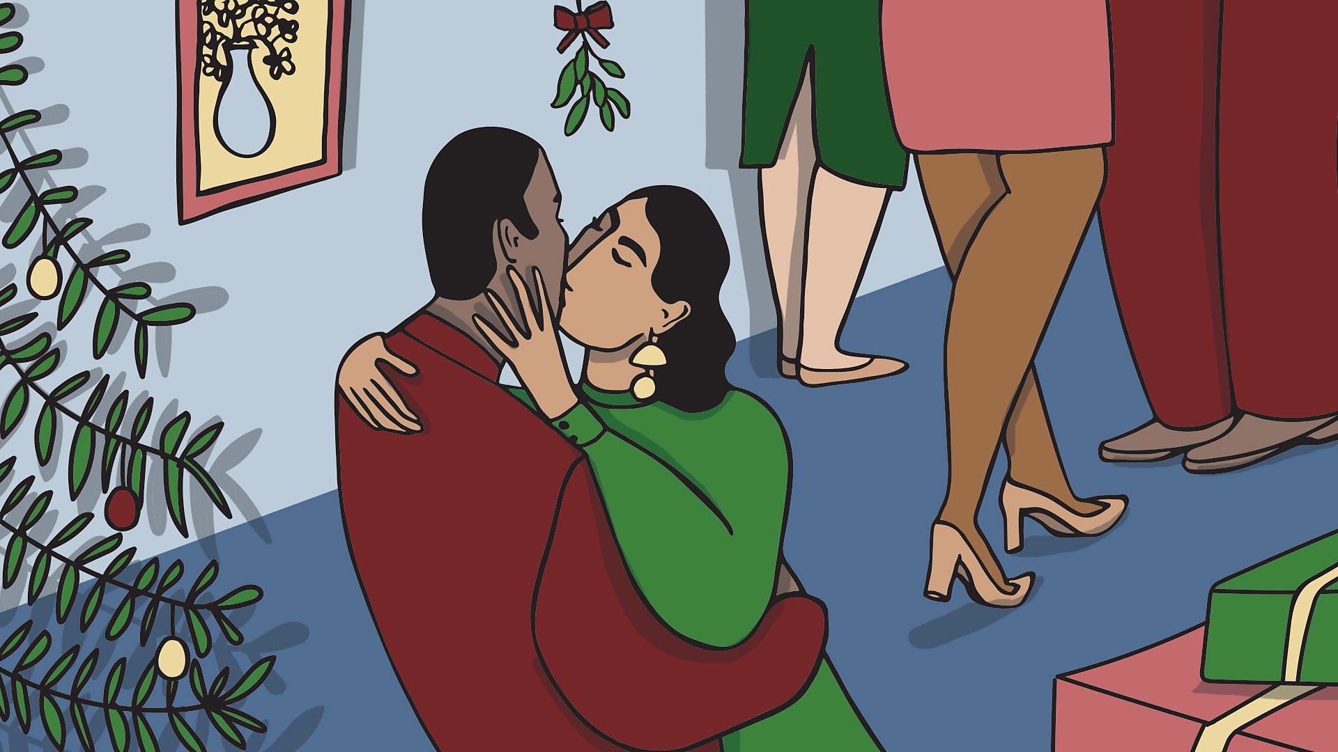 Illustration of a man and a woman kissing under mistletoe