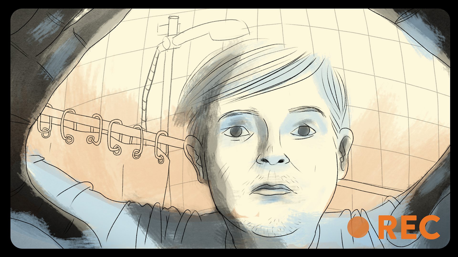 Illustration of a man spying on a woman in the shower 