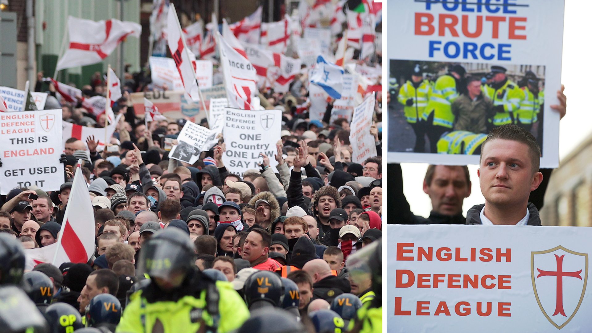 An EDL demonstration and Tommy Robinson, EDL leader until 2013