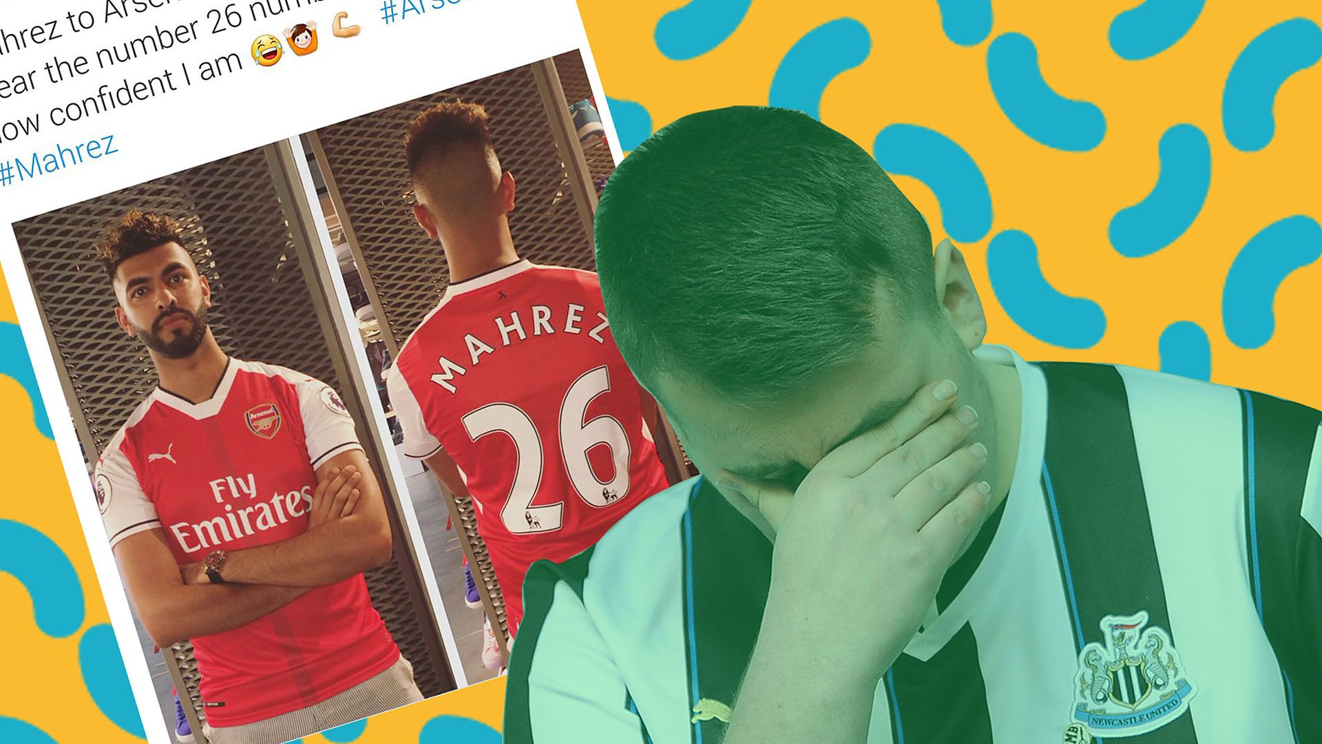 Arsenal fan with Mahrez shirt, Newcastle fan with head in hands