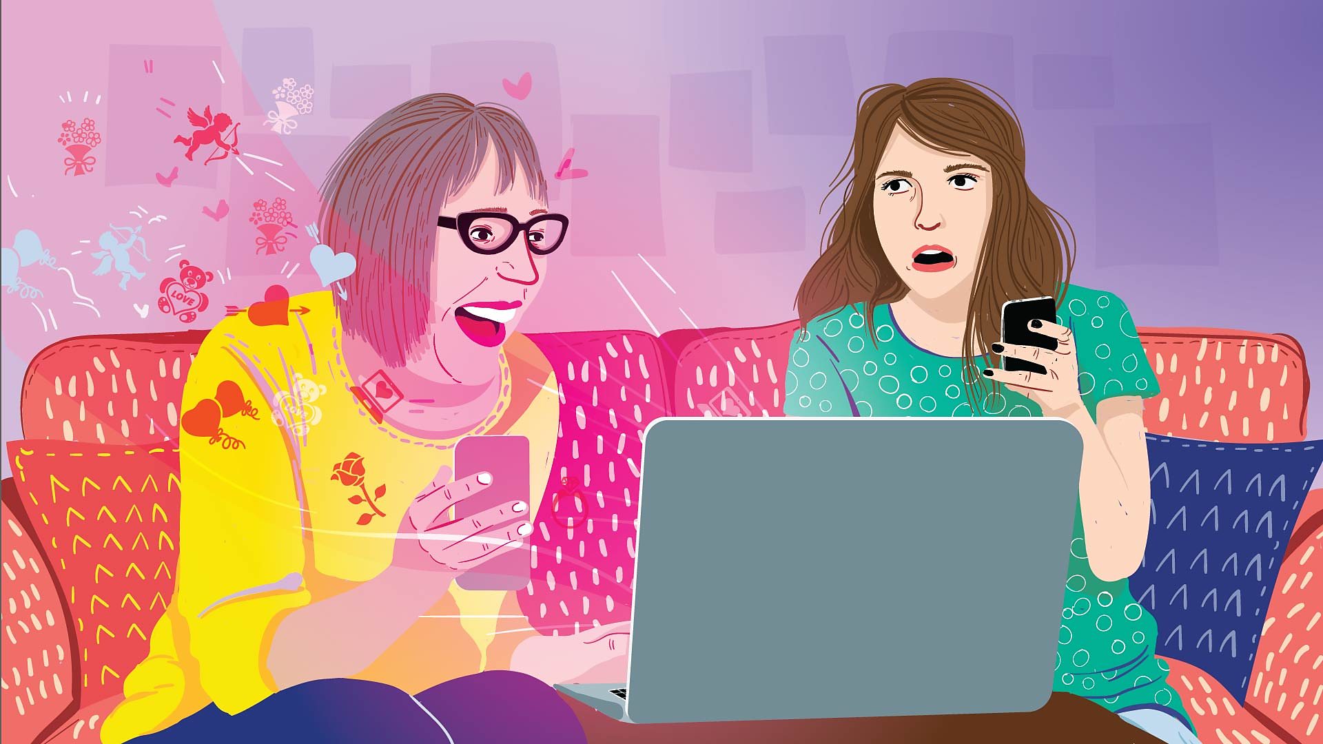 A mum and her daughter do internet dating