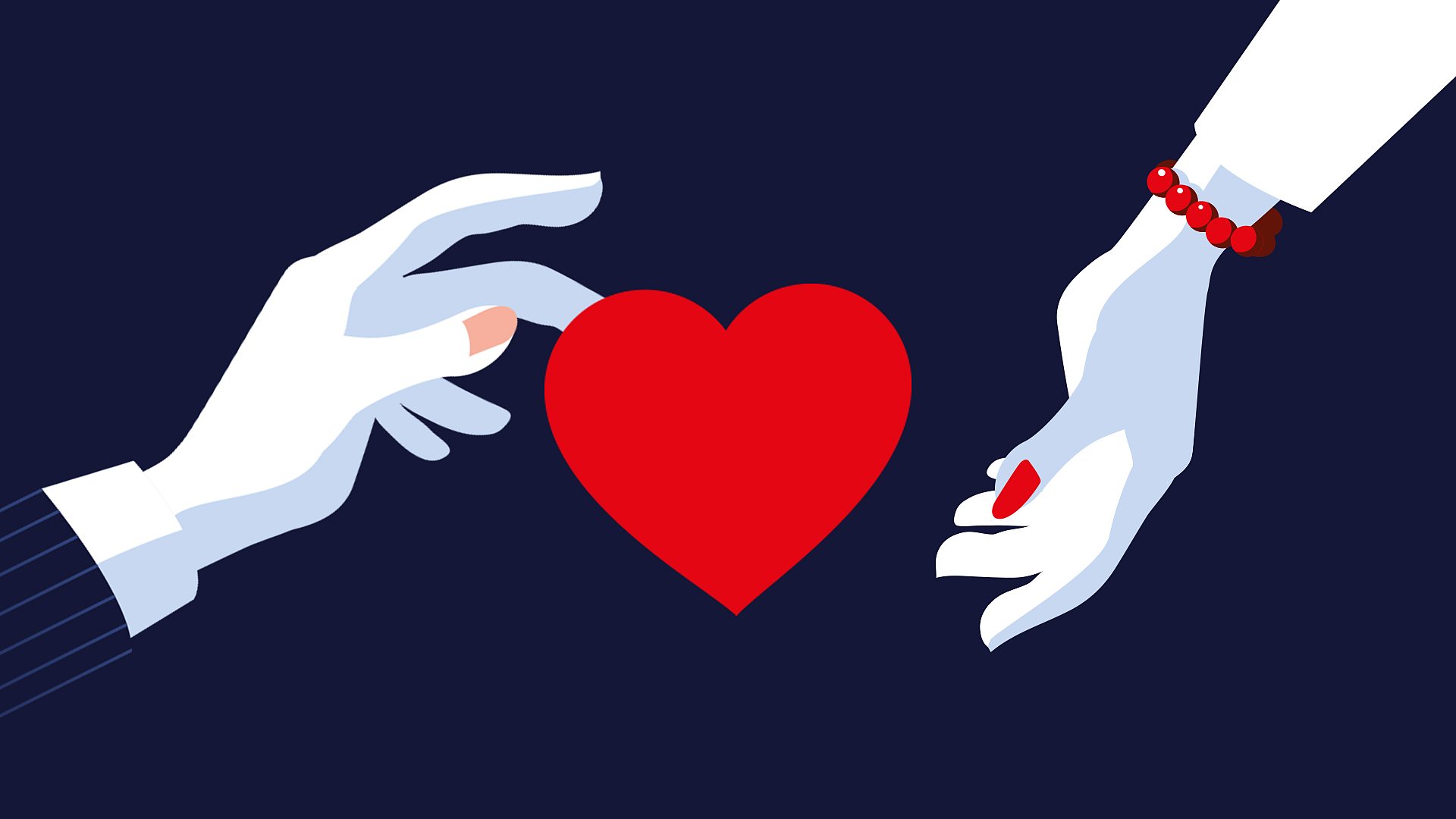 A man's hand reaching out to a woman's hand with a heart in between the two