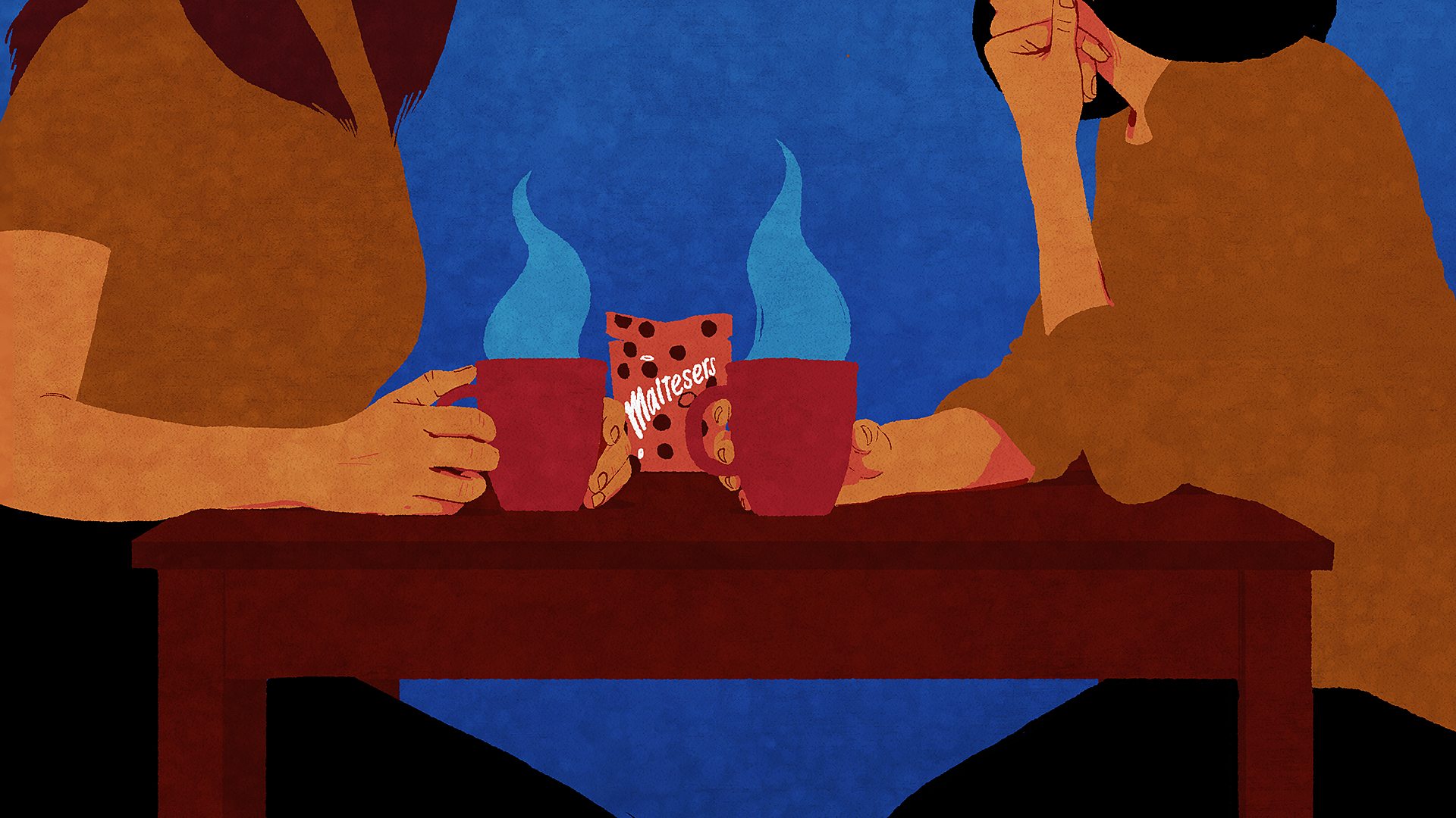 Gina and Jo drink tea and eat Maltesers