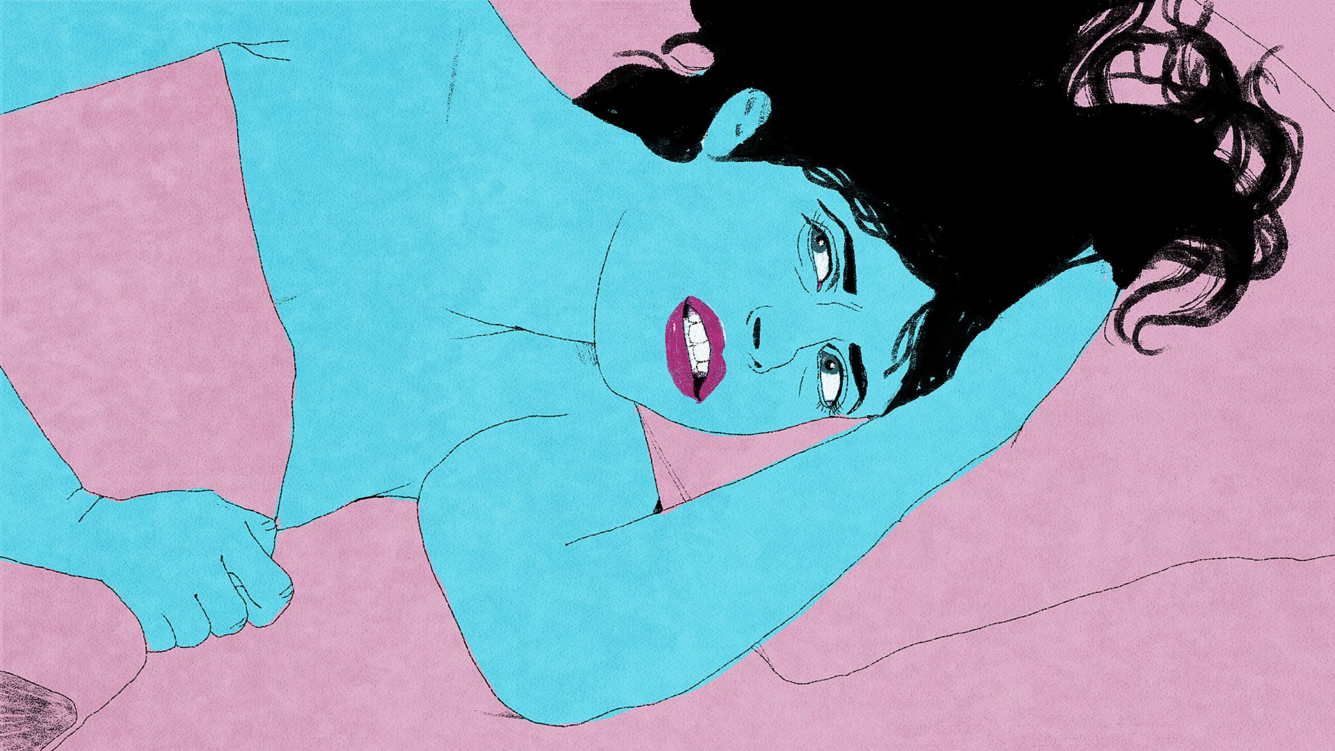 An illustration of a woman in bed grimacing