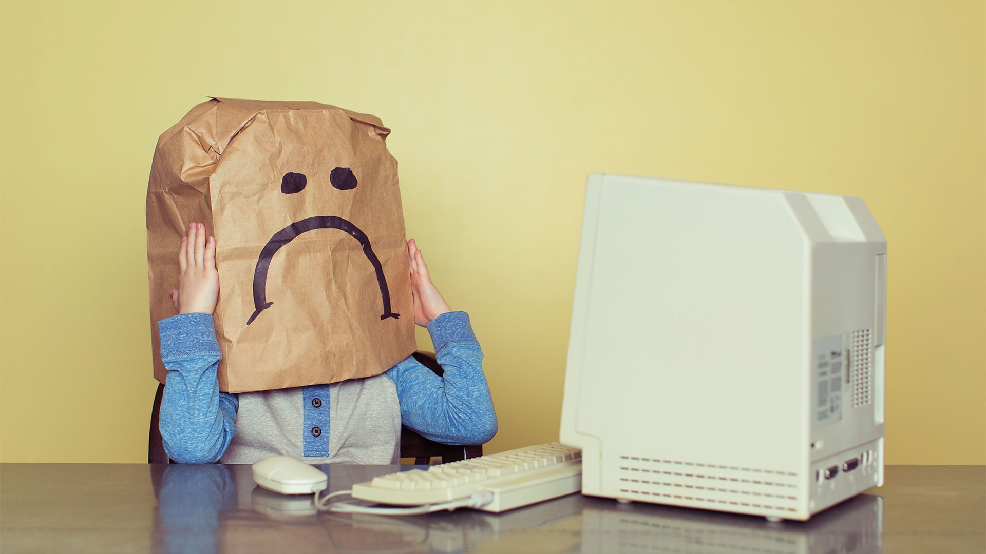 A boy sitting at a computer with a paper bag on his head and a sad face drawn on it