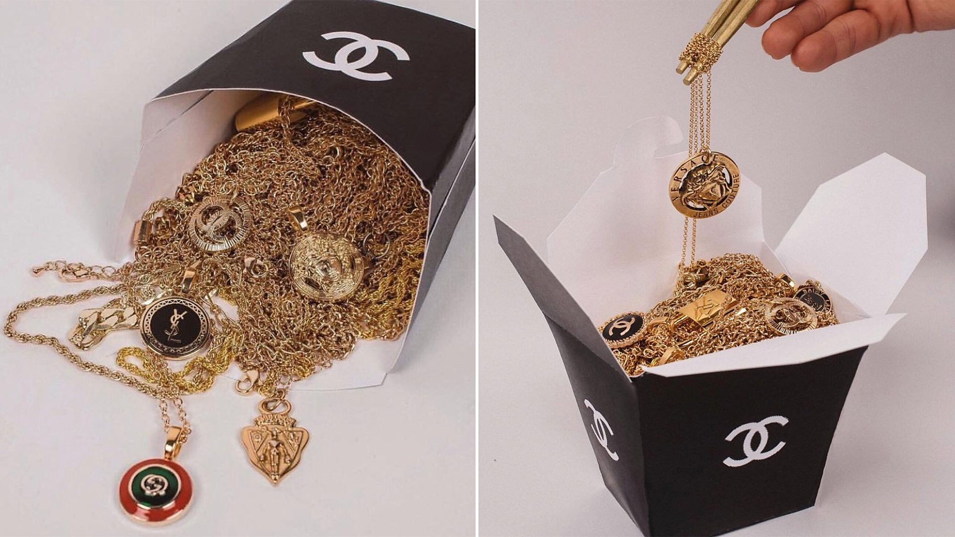 Chanel-branded takeaway boxes filled with designer label gold chains