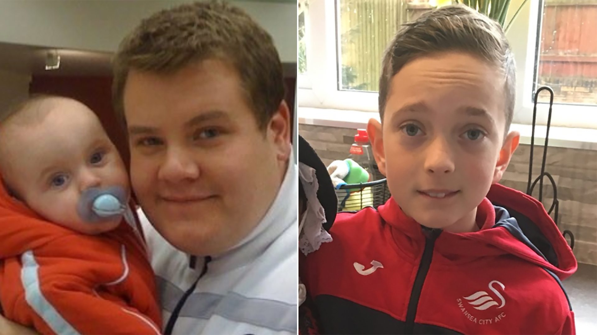 Photo of Lewis as a baby with James Corden, left, and Lewis now, right
