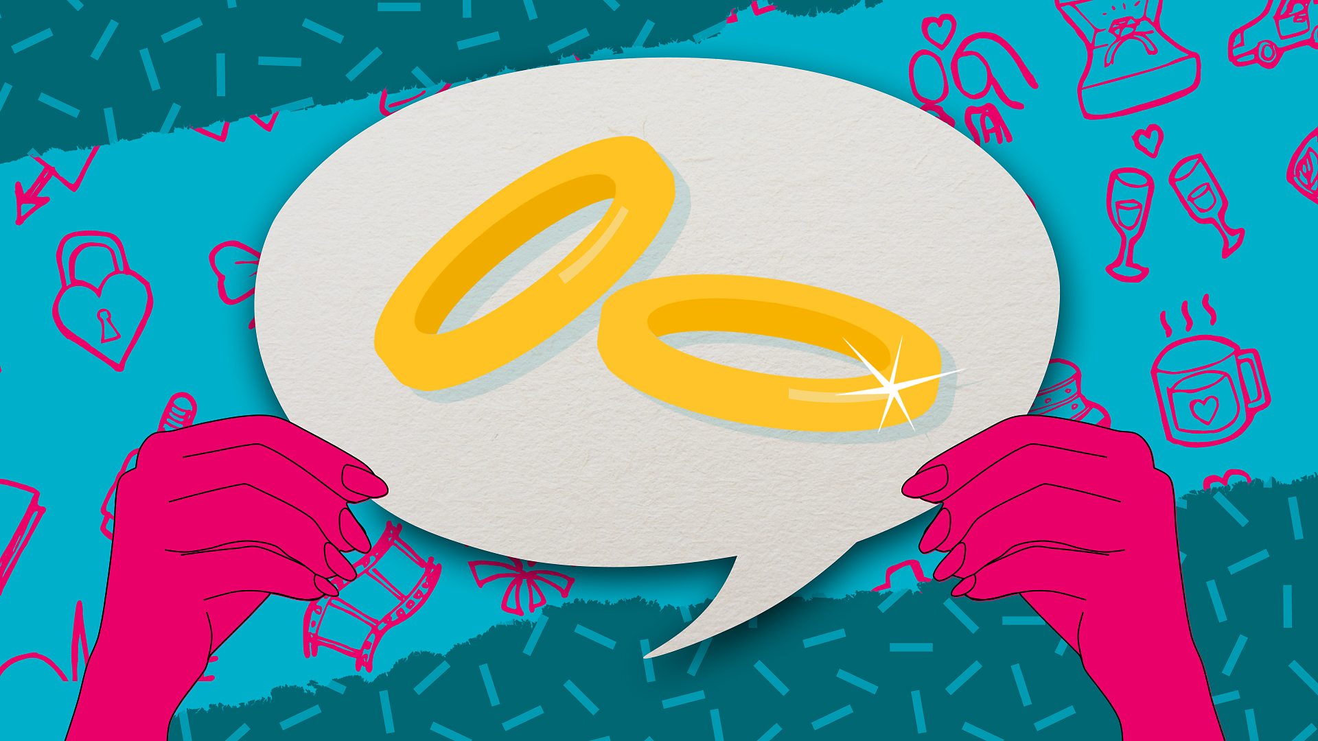 Hands holding a speech bubble with weddings rings