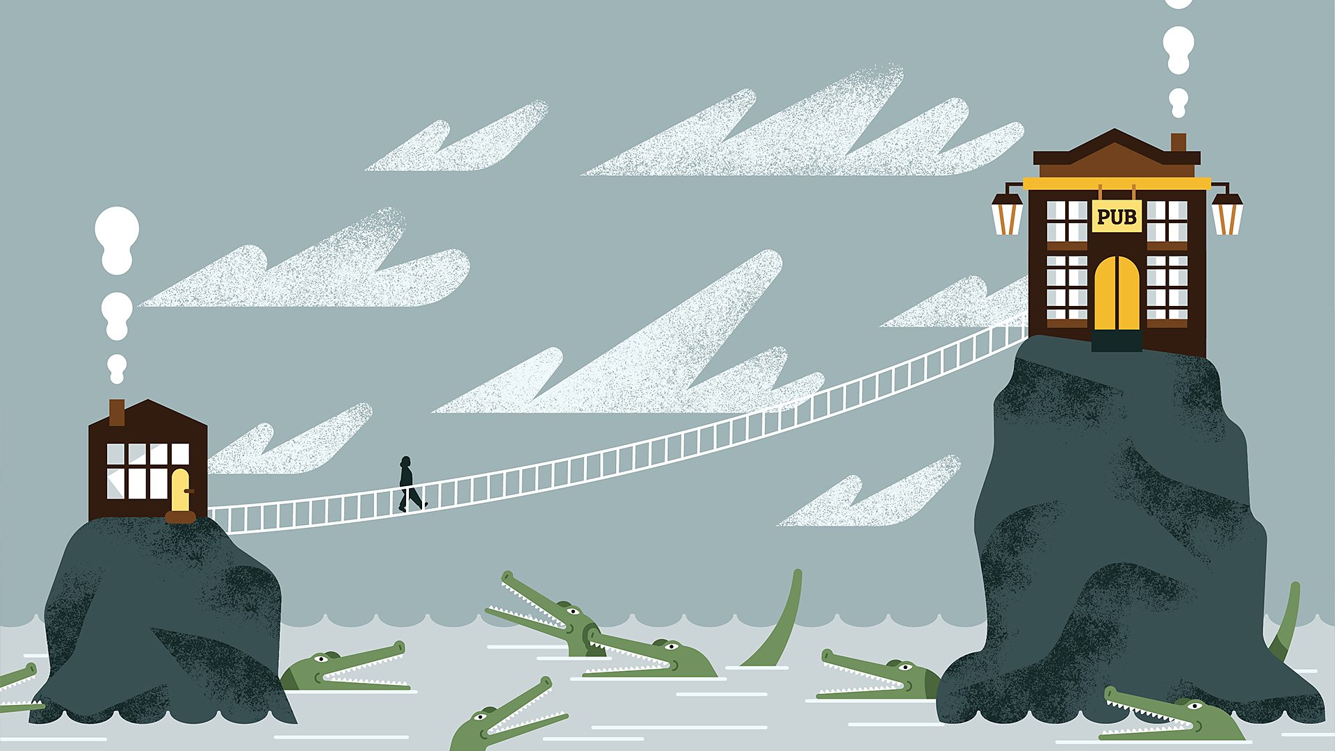 A drawing of a woman finally venturing out of her house