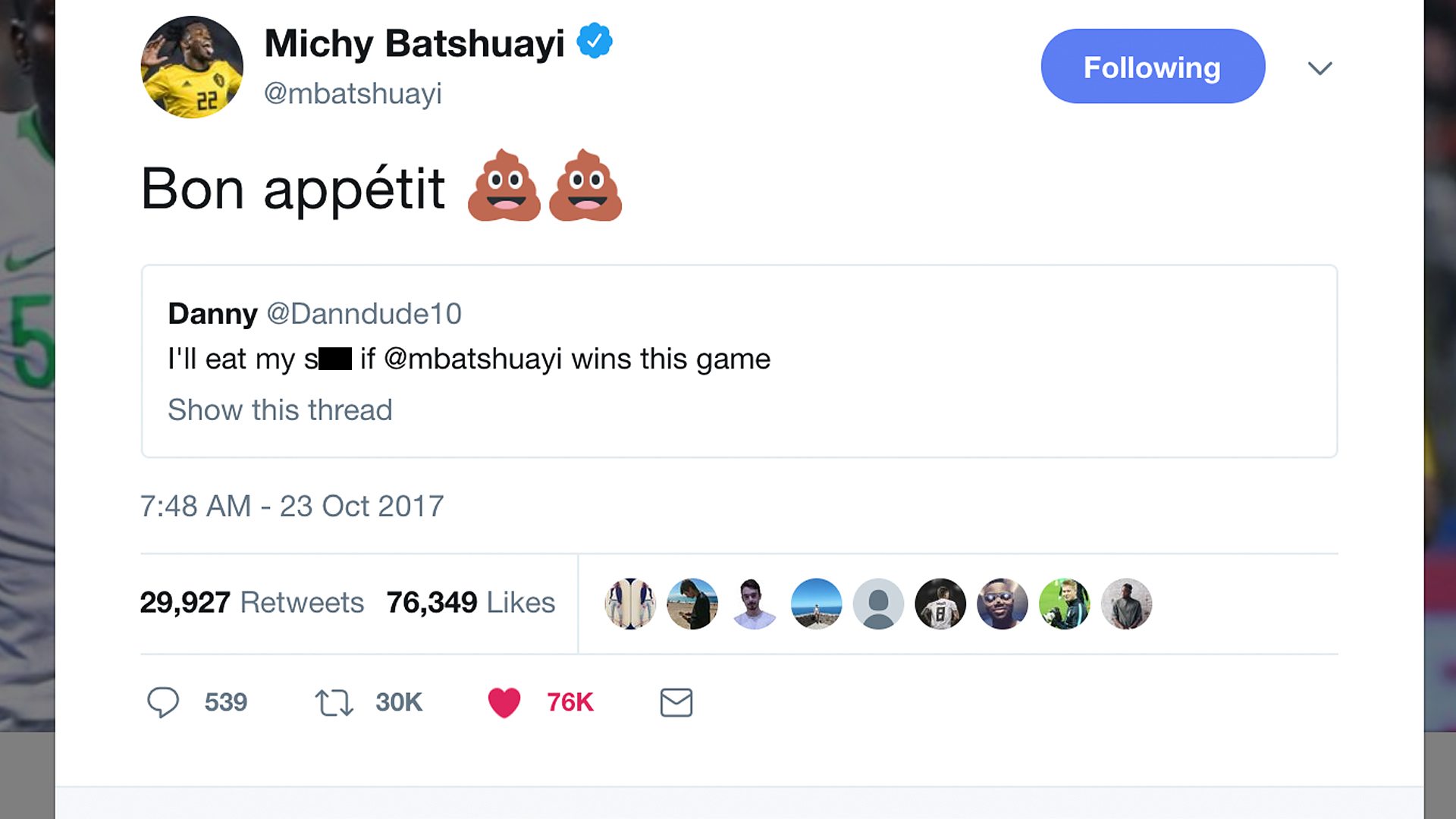 Bathuayi owns a fan on twitter