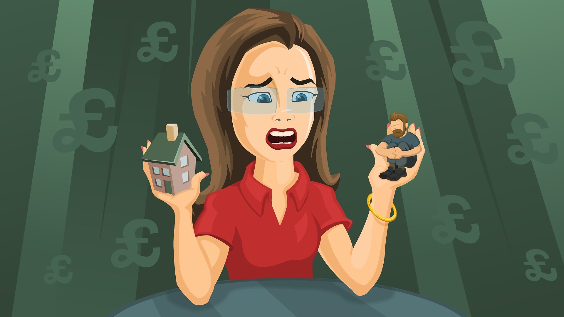 Woman holding man and house