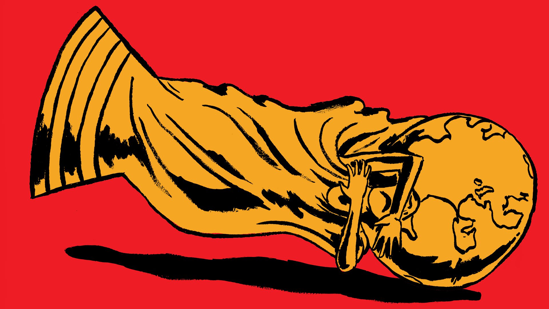 An illustration combining a fallen World Cup trophy with a cowering female figure