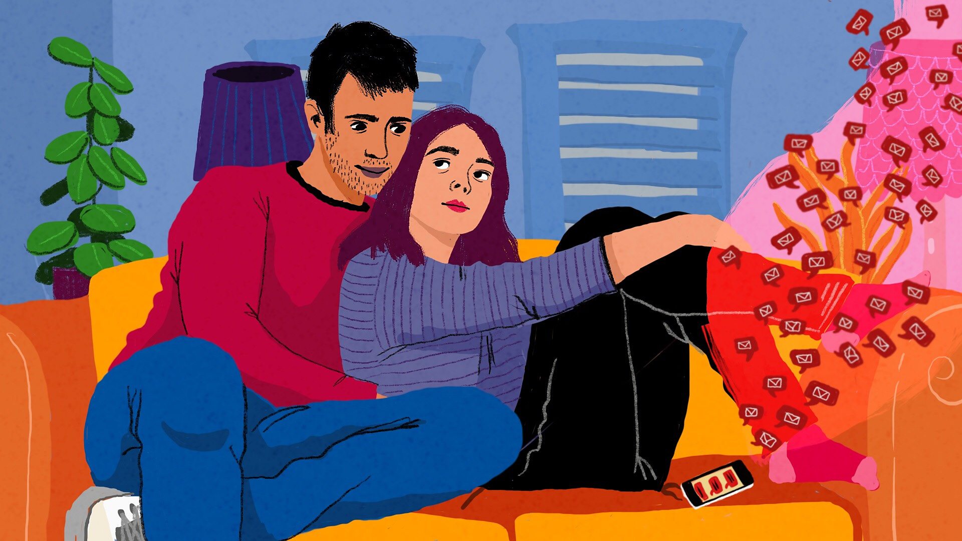 An illustration of a couple chilling on the sofa as she receives numbers text messages