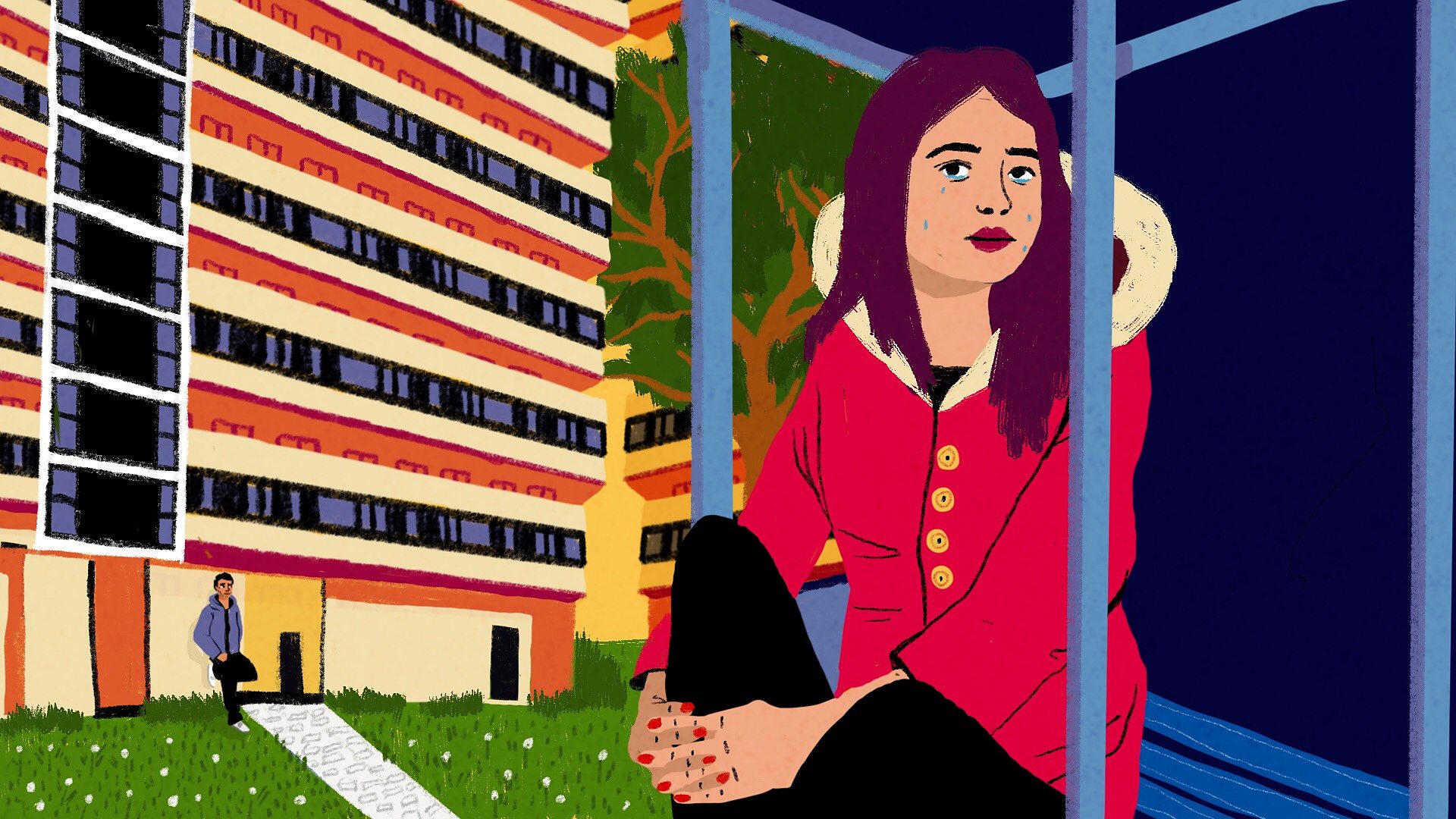 Girl crying at a bus stop while her boyfriend watches on