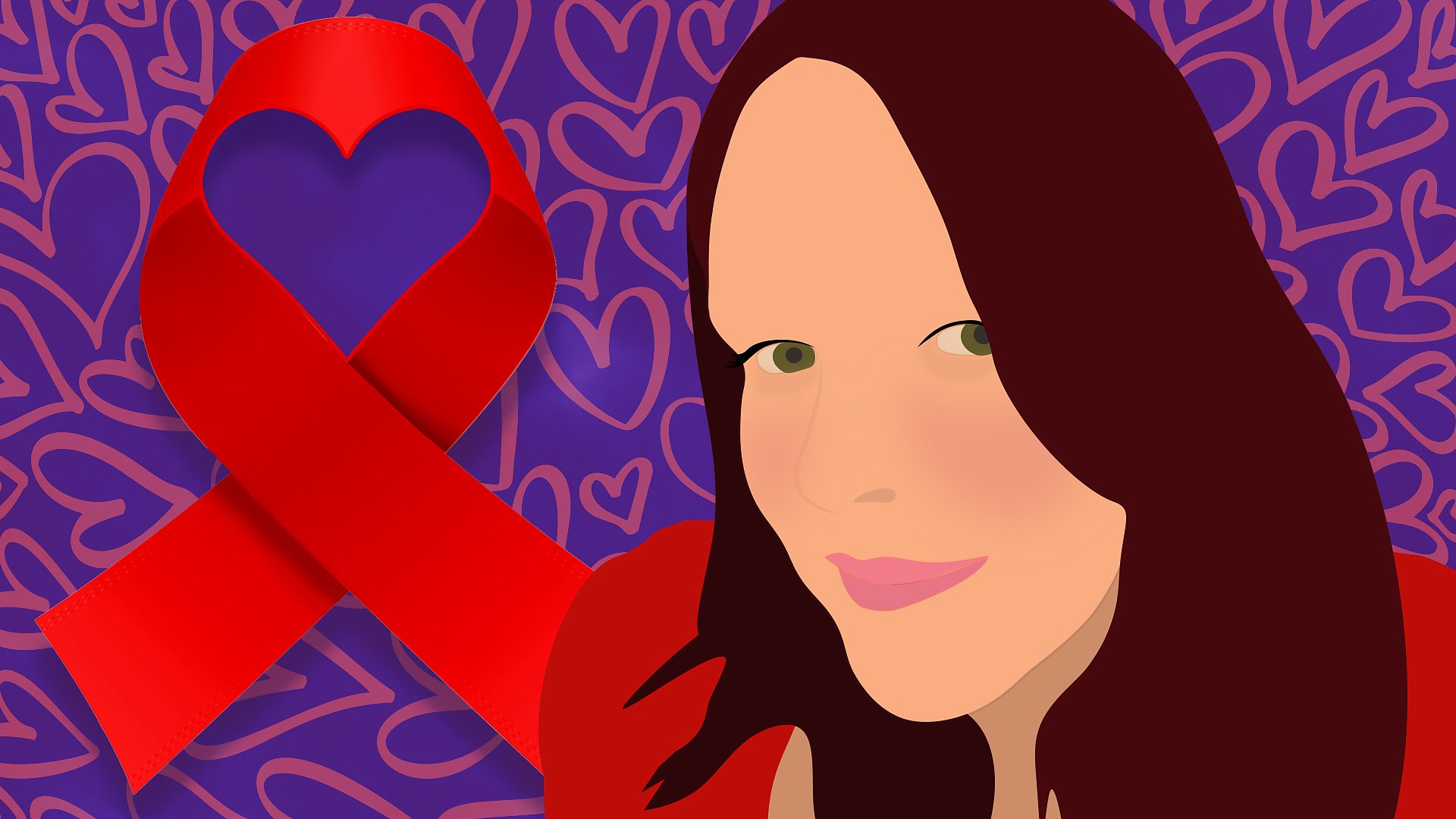An illustration of a woman in stockings displaying a red HIV/AIDS ribbon
