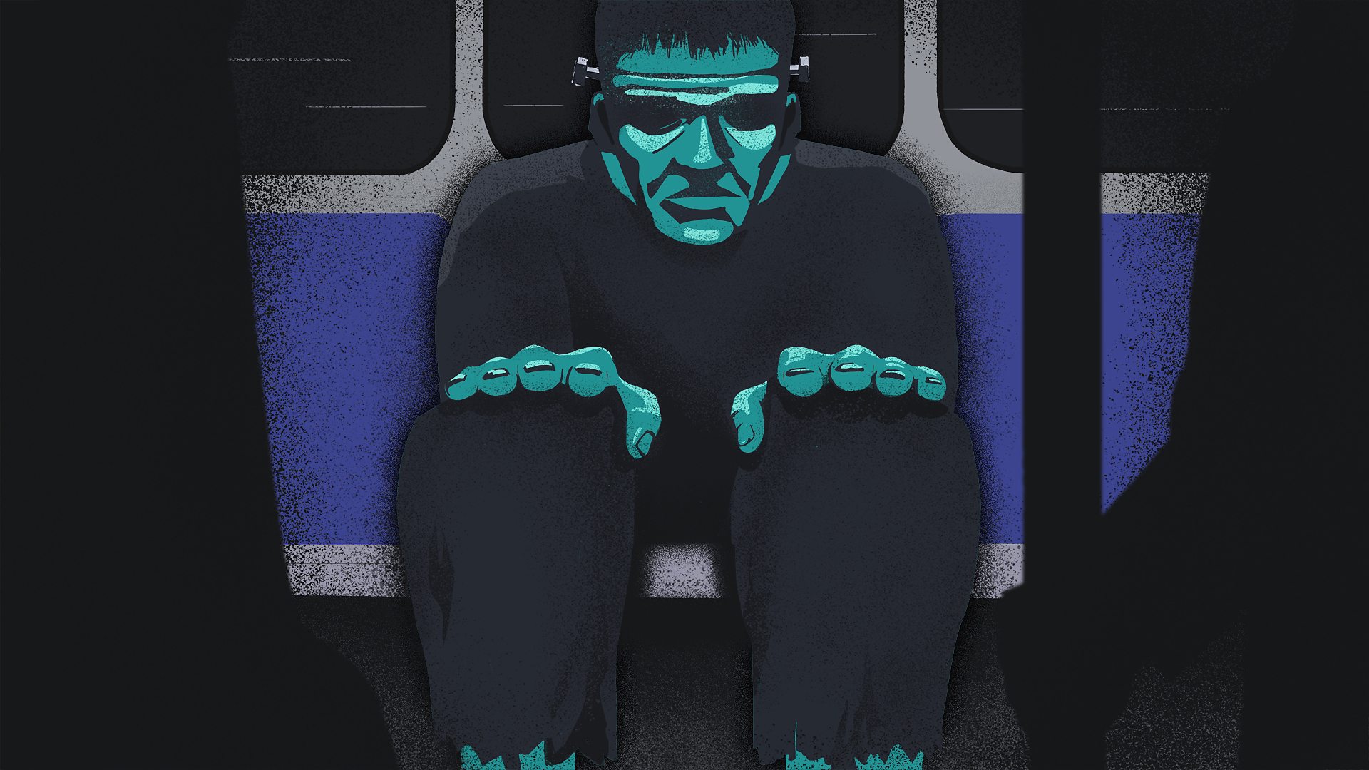 An illustration of a train carriage with a Frankenstein-like figure sitting opposite the viewer