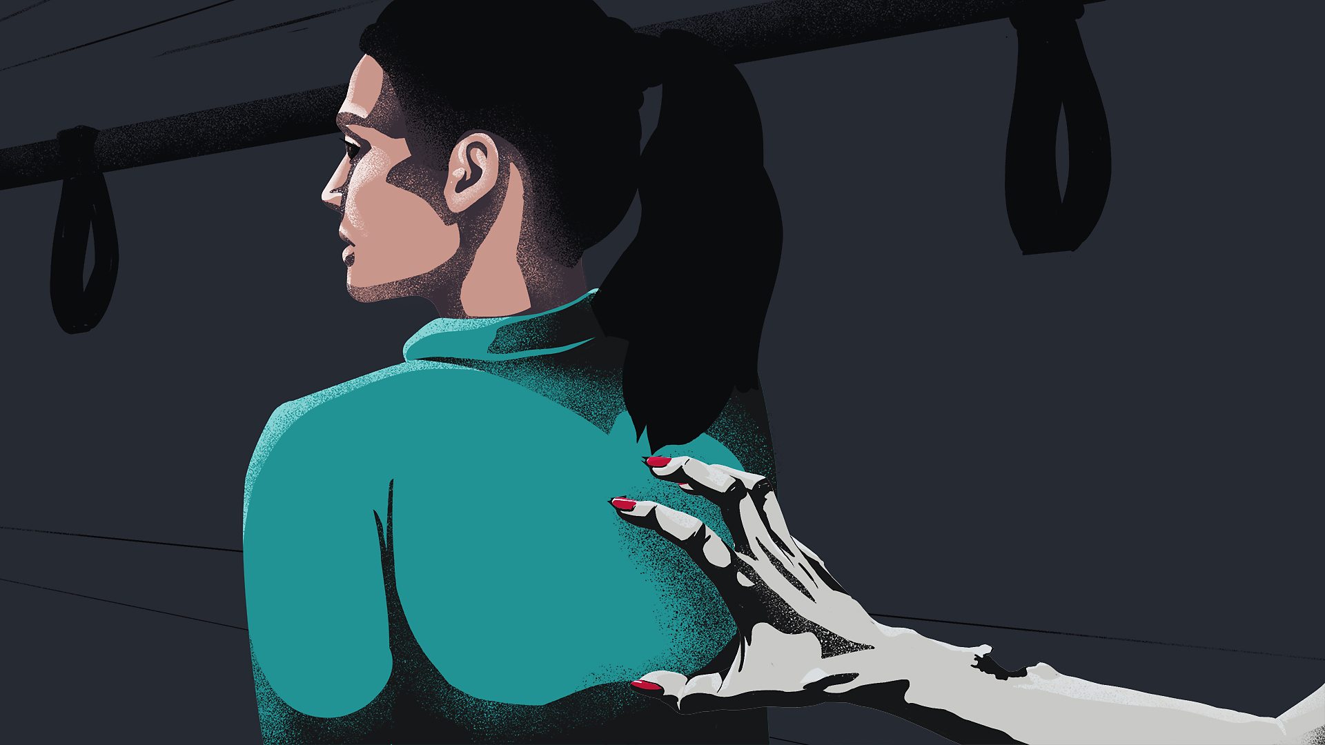 An illustration of a zombie hand clawing at the back of a woman on a train