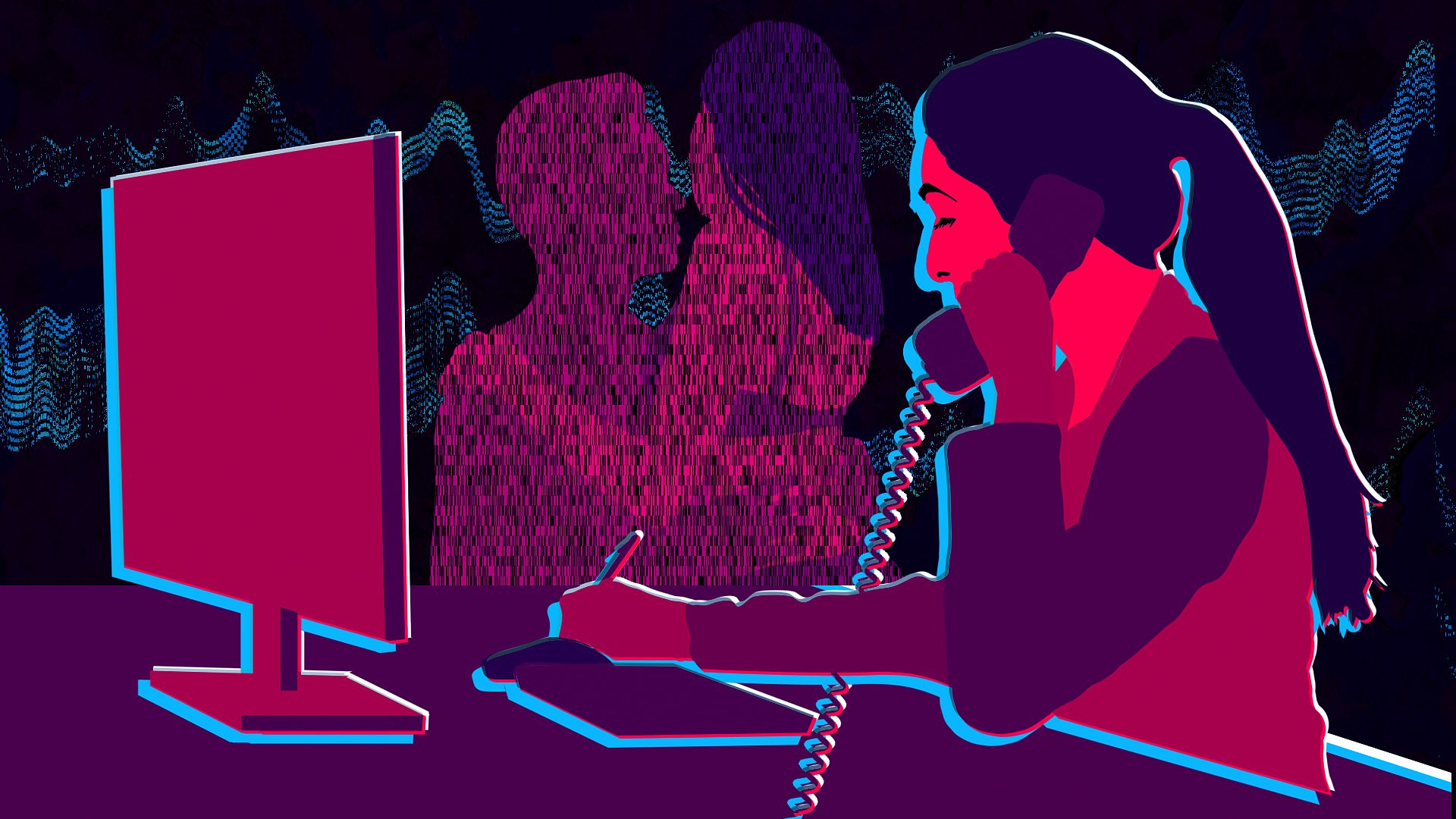 An illustration of a revenge porn helpline operator taking a call at her desk