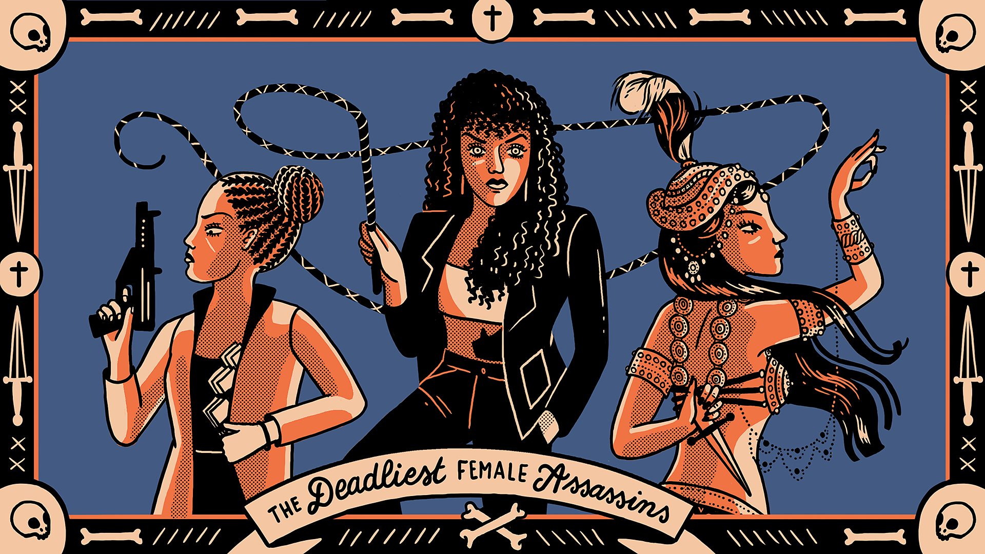 An illustration featuring 3 female assassins