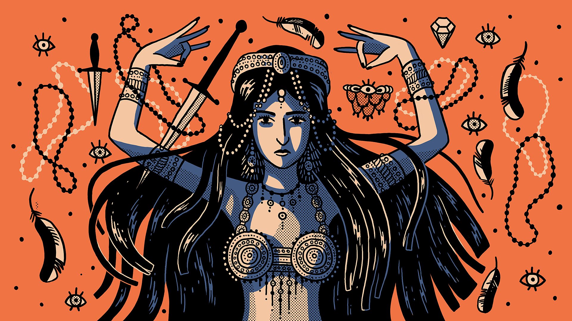 An illustration of a female assassin hypnotising her would be victim