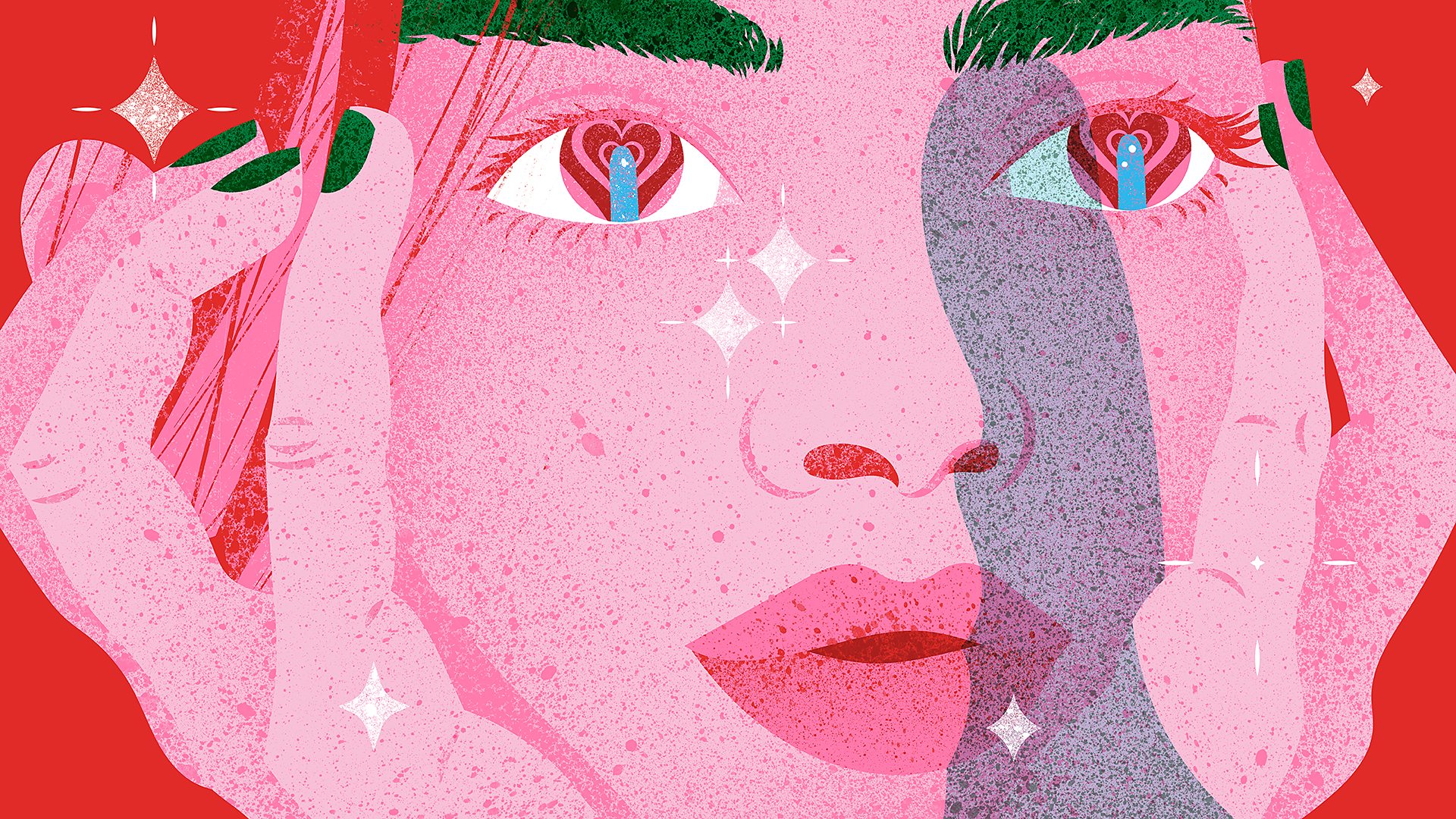 An illustration of a hypnotised woman with the shape of a vibrator reflected in her eyes