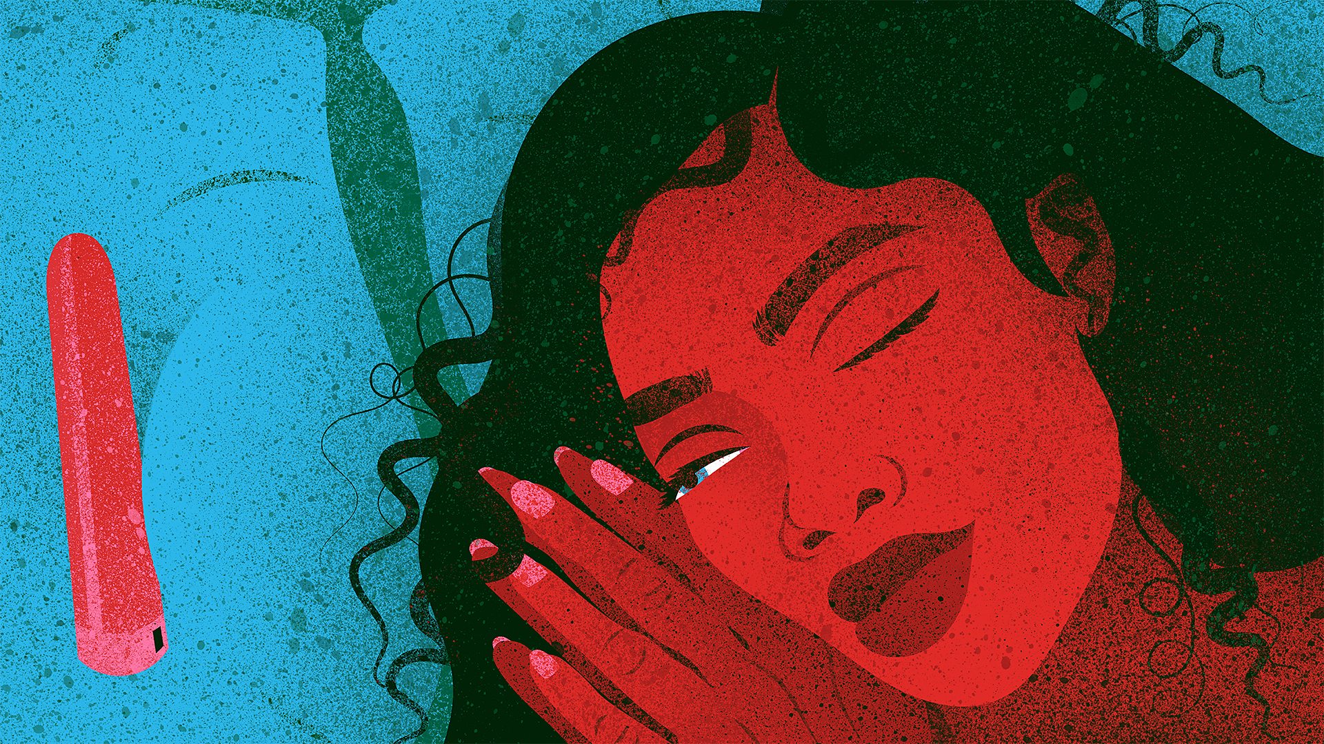 An illustration of a vibrator on the pillow next to a woman who looks at it with a glint in her eye