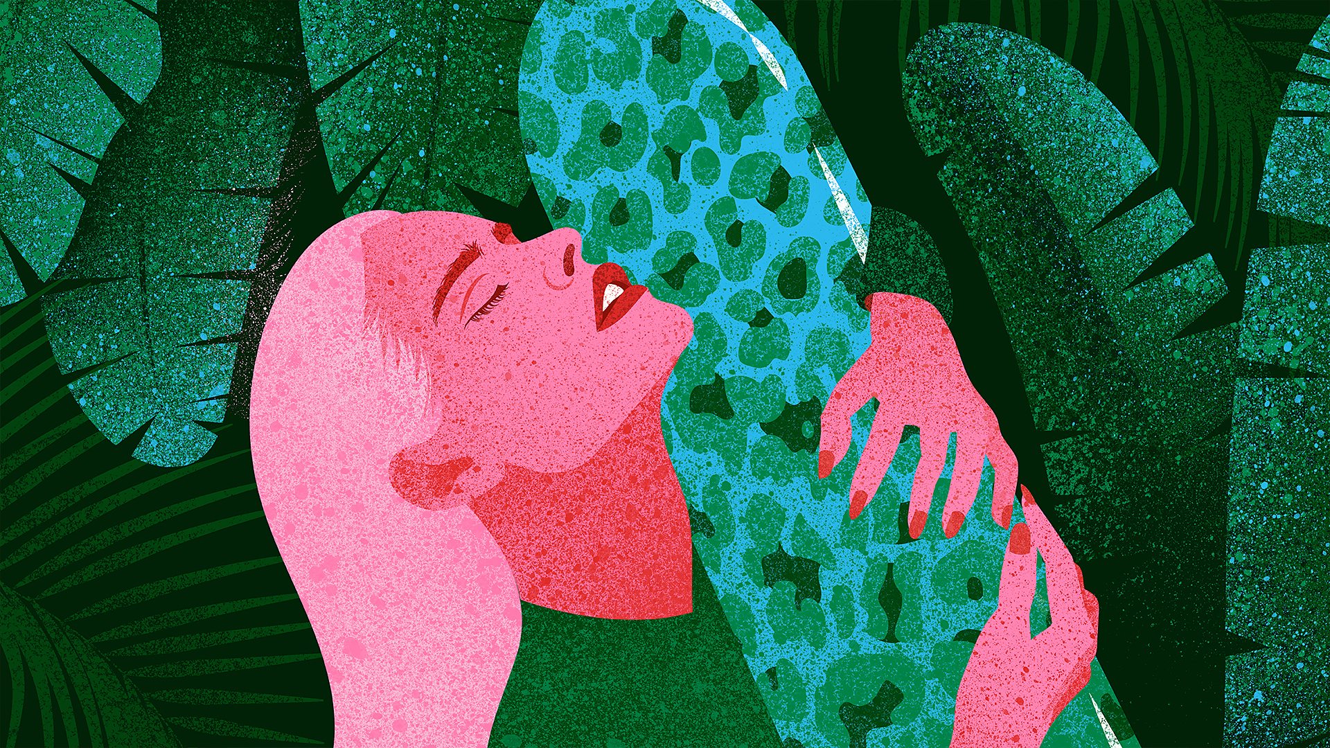 An illustration showing a woman clinging onto a giant vibrator in a Tarzan-inspired scene