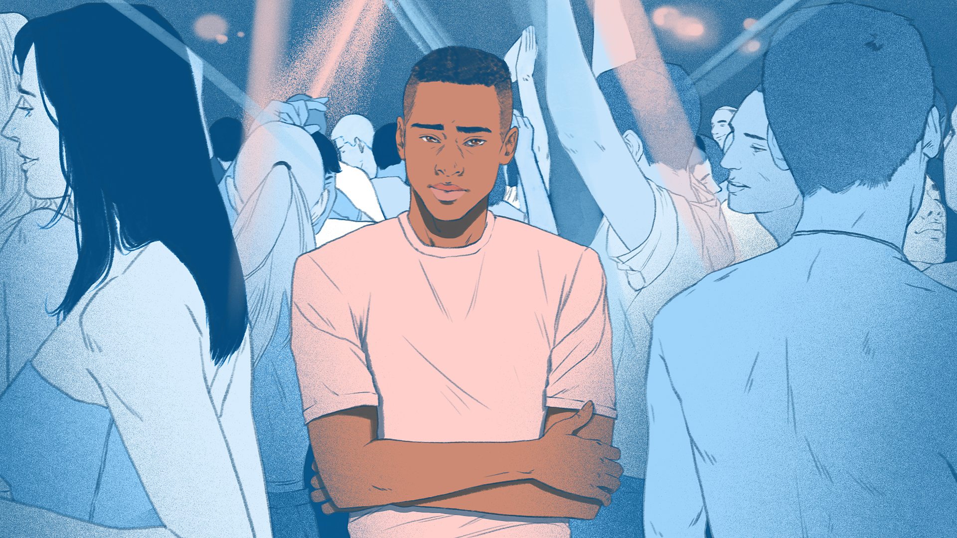 An illustration of Phil's experience in a gay club with an overwhelming white majority