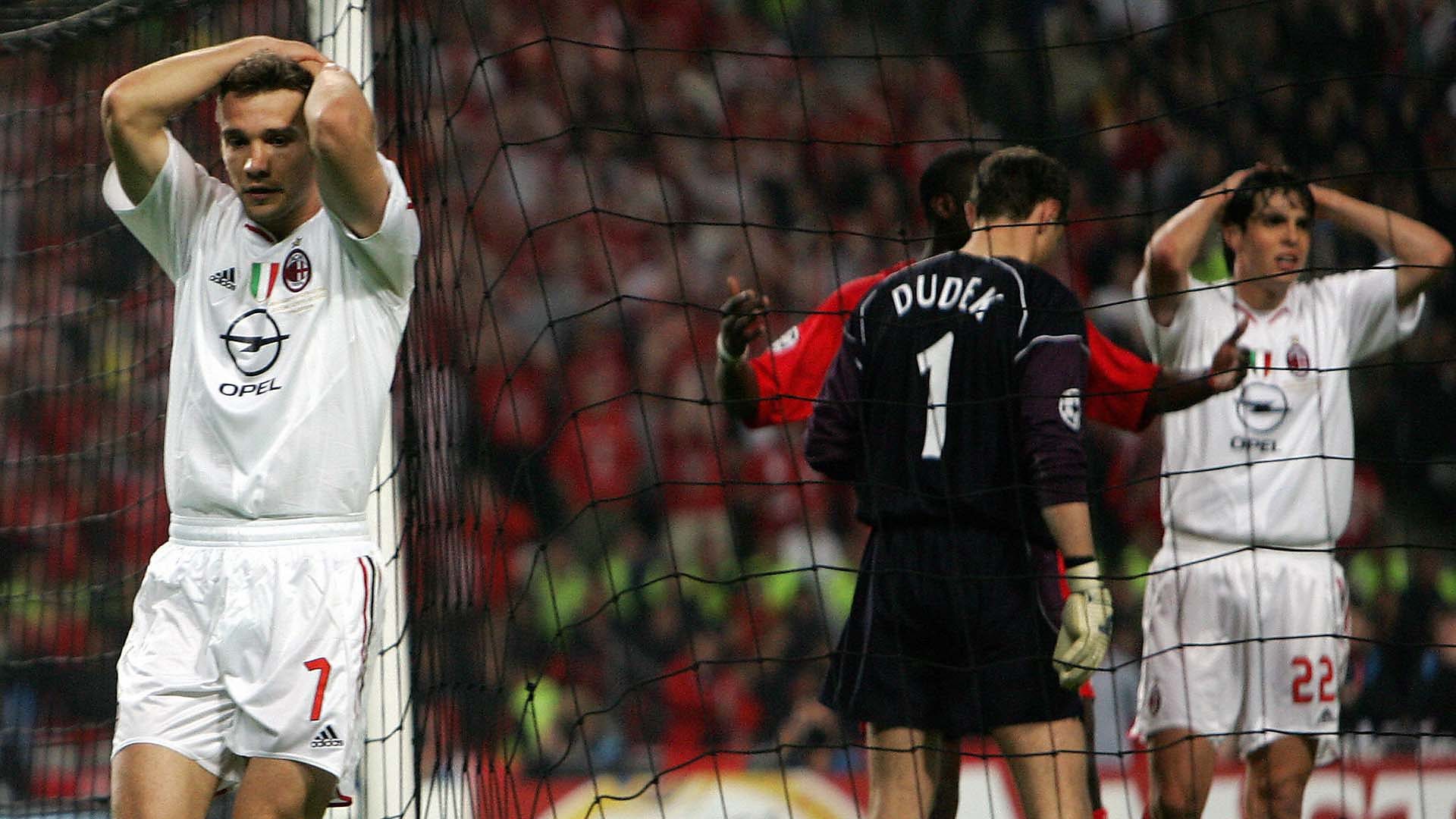 Shevchenko after being denied by Dudek