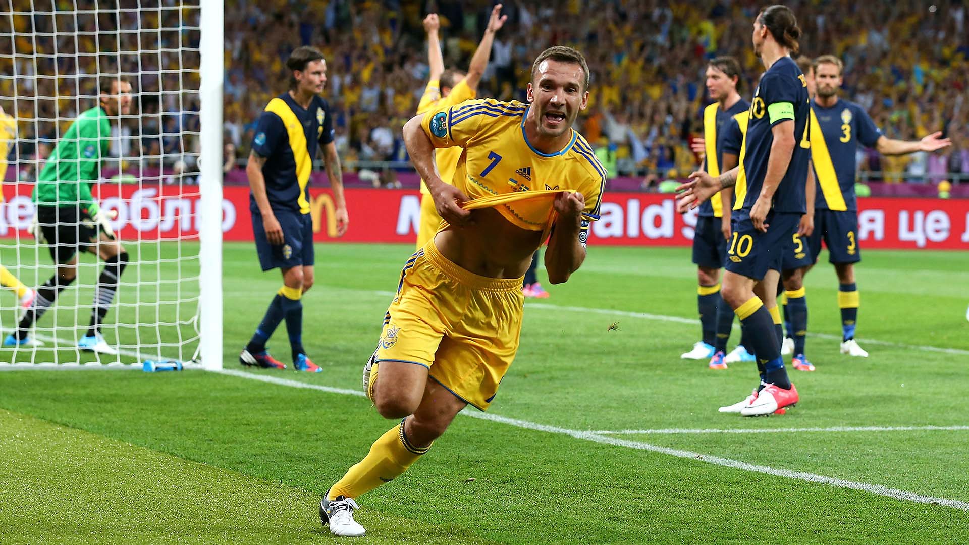 Andriy Shevchenko scores for Ukraine against Sweden at Euro 2012