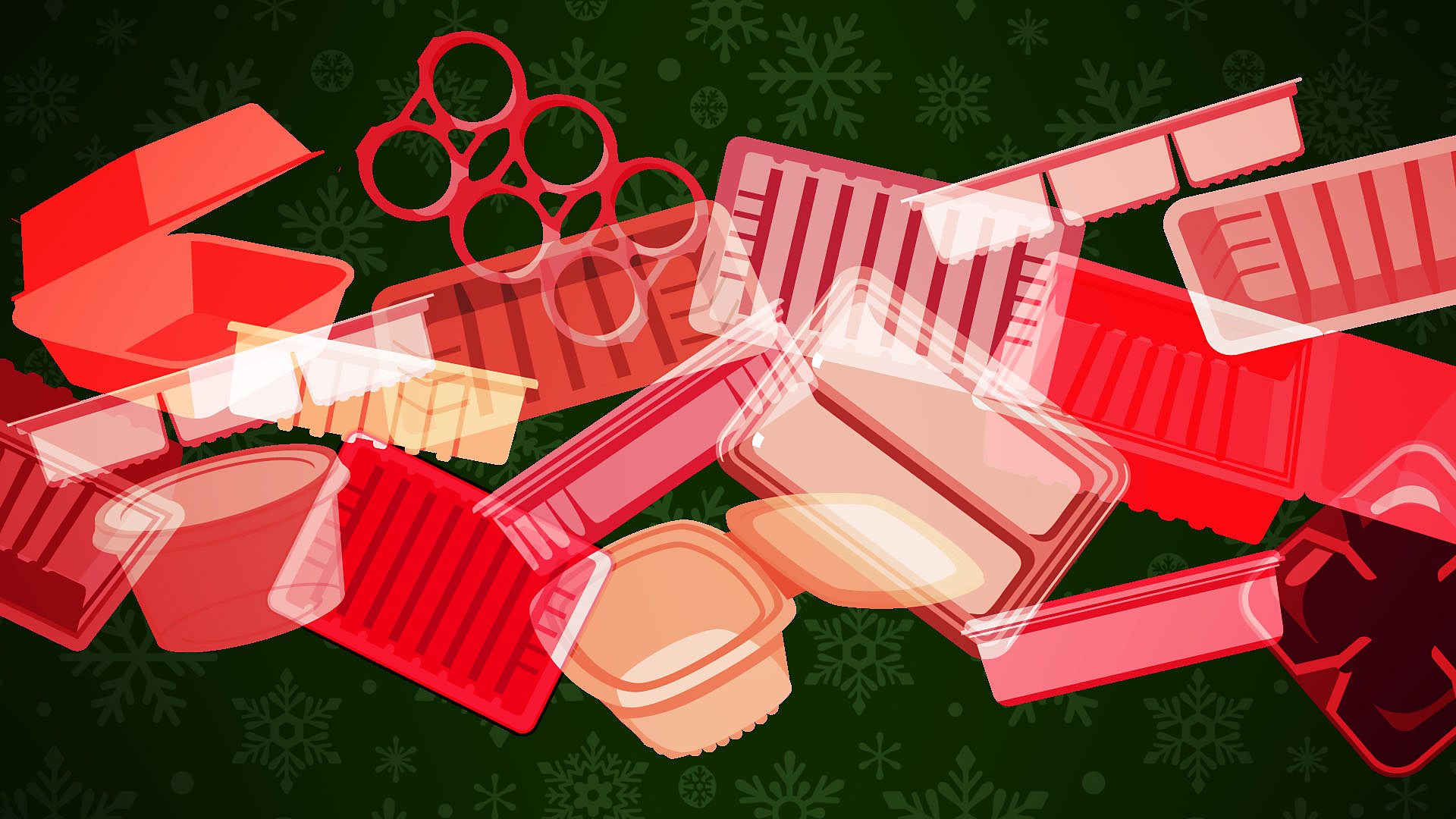 Illustration of different pieces of single-use plastic in a pile, with a Christmas background