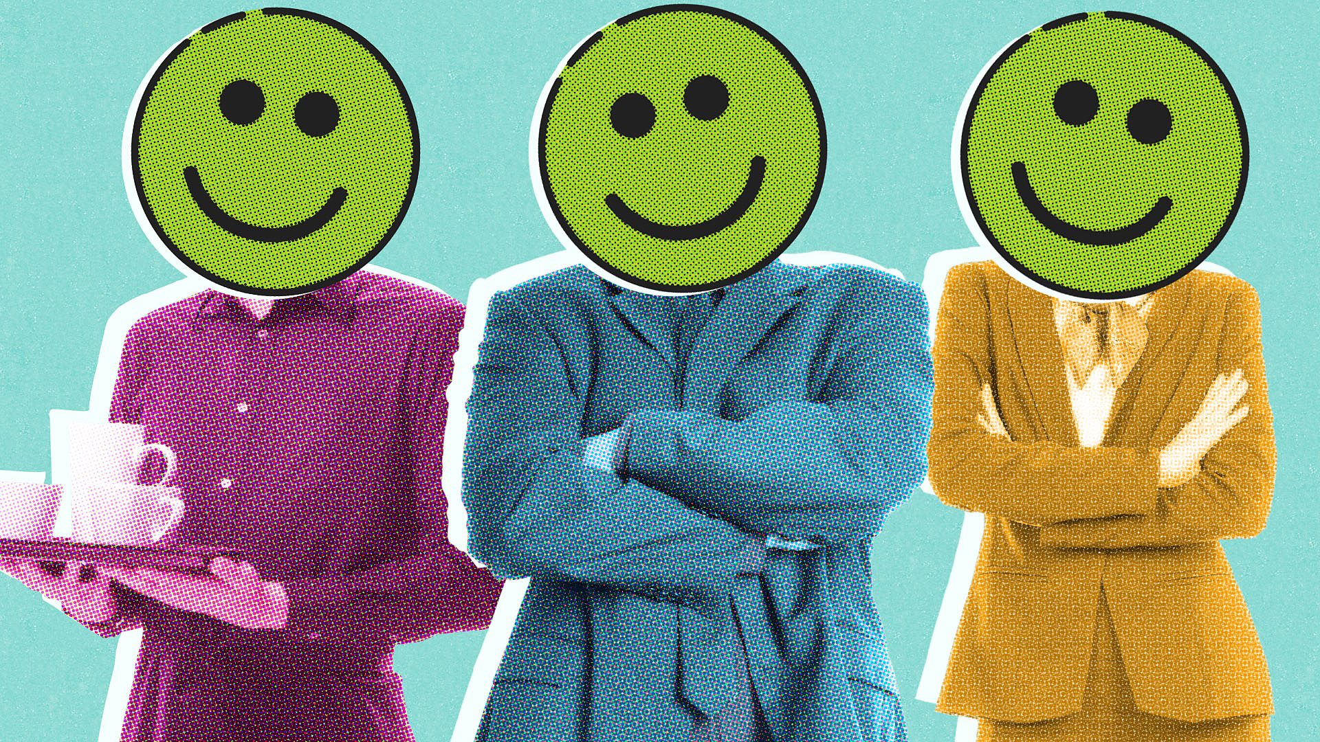 Three people with smiley faces