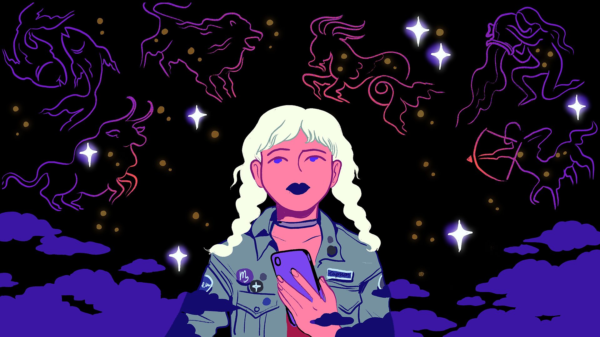 An illustration of a woman looking up from her phone, through the clouds and towards a night sky full of zodiac constellations
