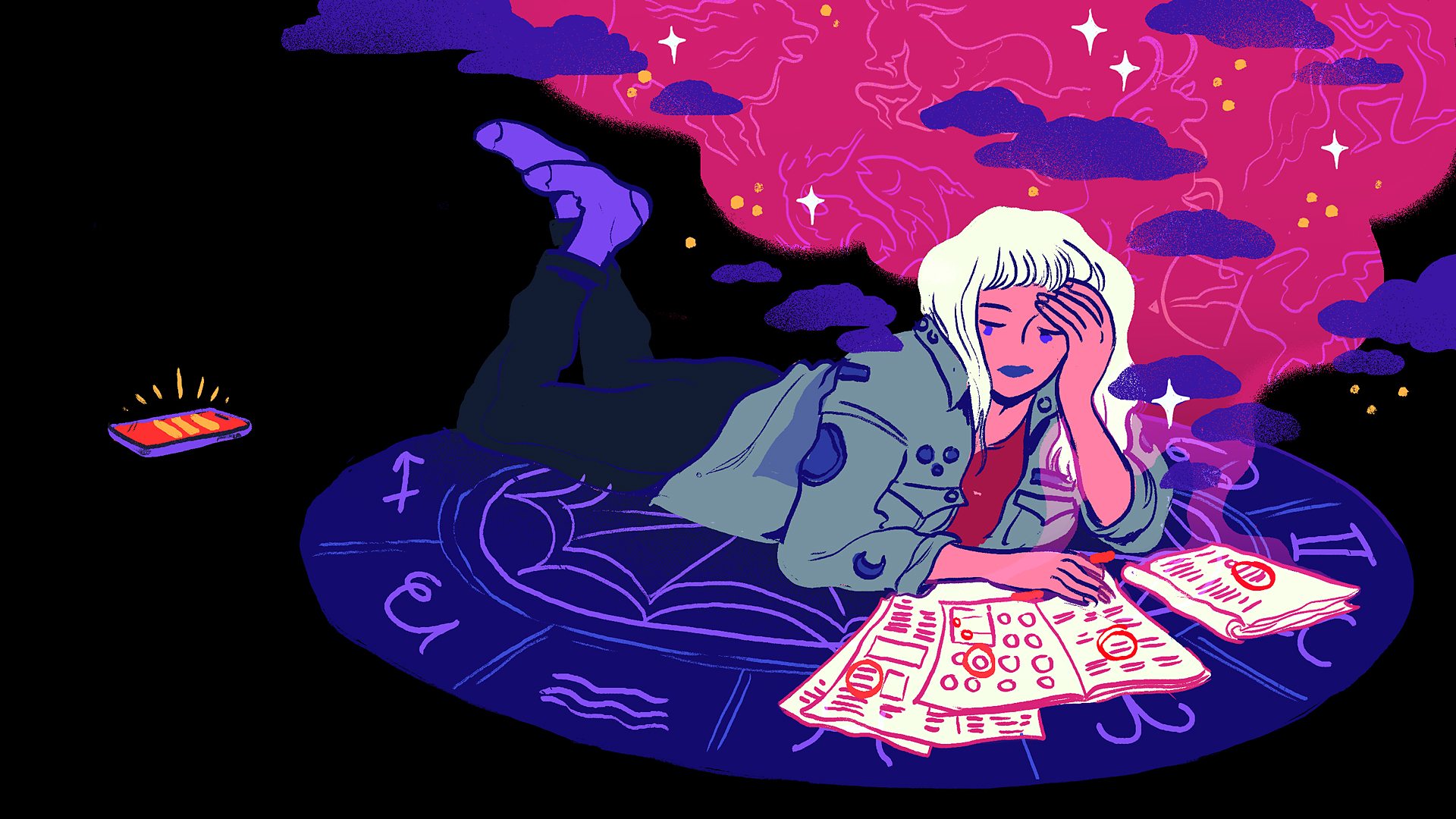 An illustration of a young woman ignoring her phone while lying on a circular rug, cross-referencing horoscope entries from numerous magazines