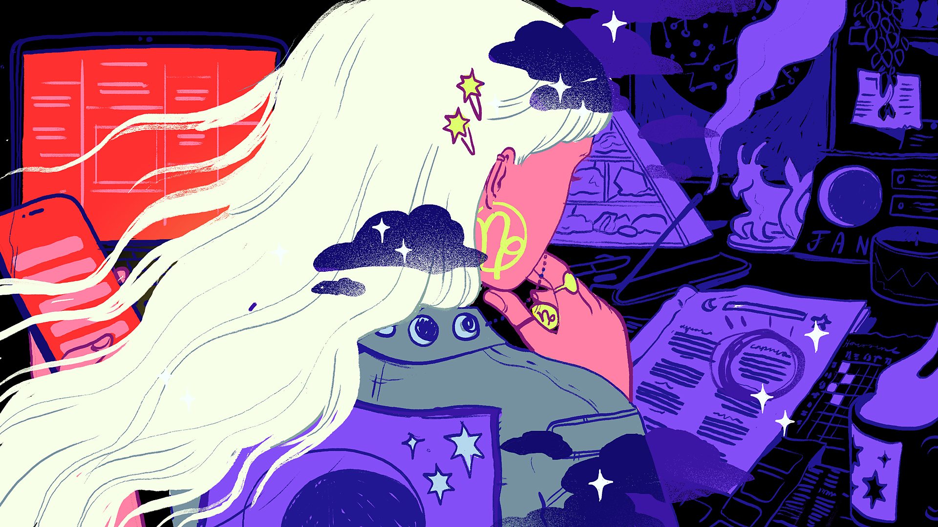 An illustration of a young woman who is absorbed with all the horoscope, zodiac and spiritual paraphernalia on her desk