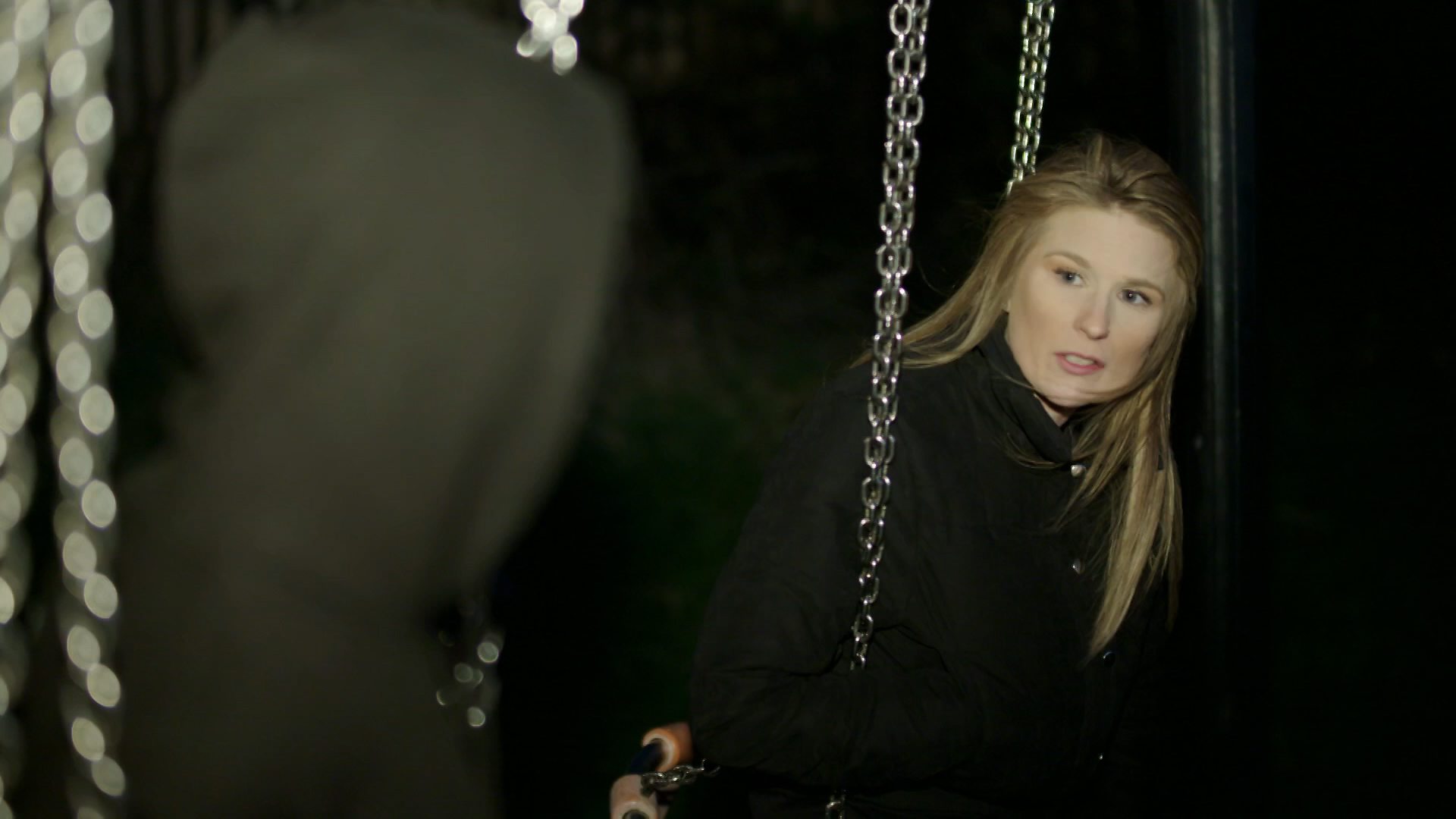 A still from Paedophile Hunters showing the presenter, Livvy Haydock, in conversation with one of the decoys from Guardians of the North