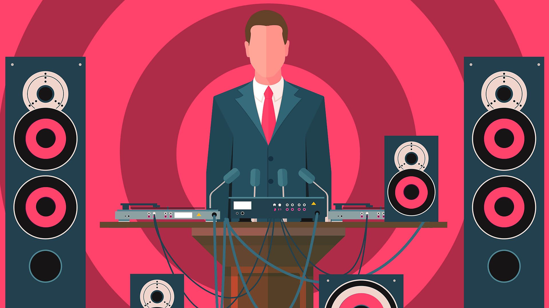 An illustration of a politician behind record decks