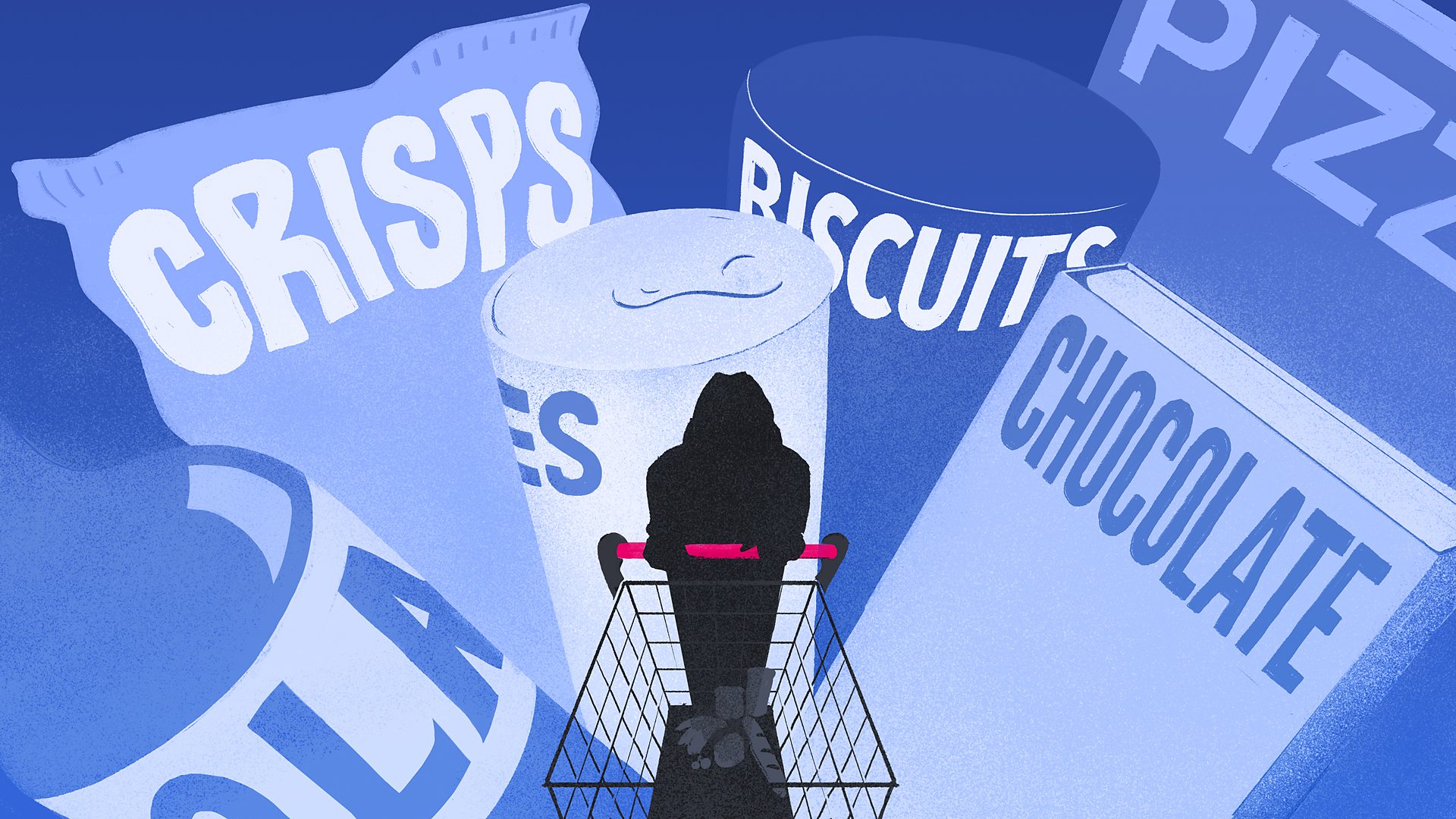 A figure pushing a shopping trolley dwarfed and surrounded by giant packets of food