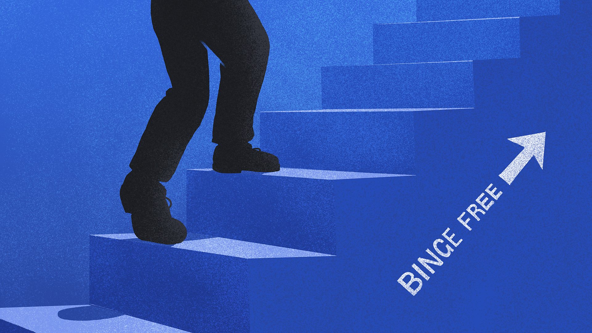 A figure climbing a staircase on which there is an arrow and the words binge free pointing towards the top