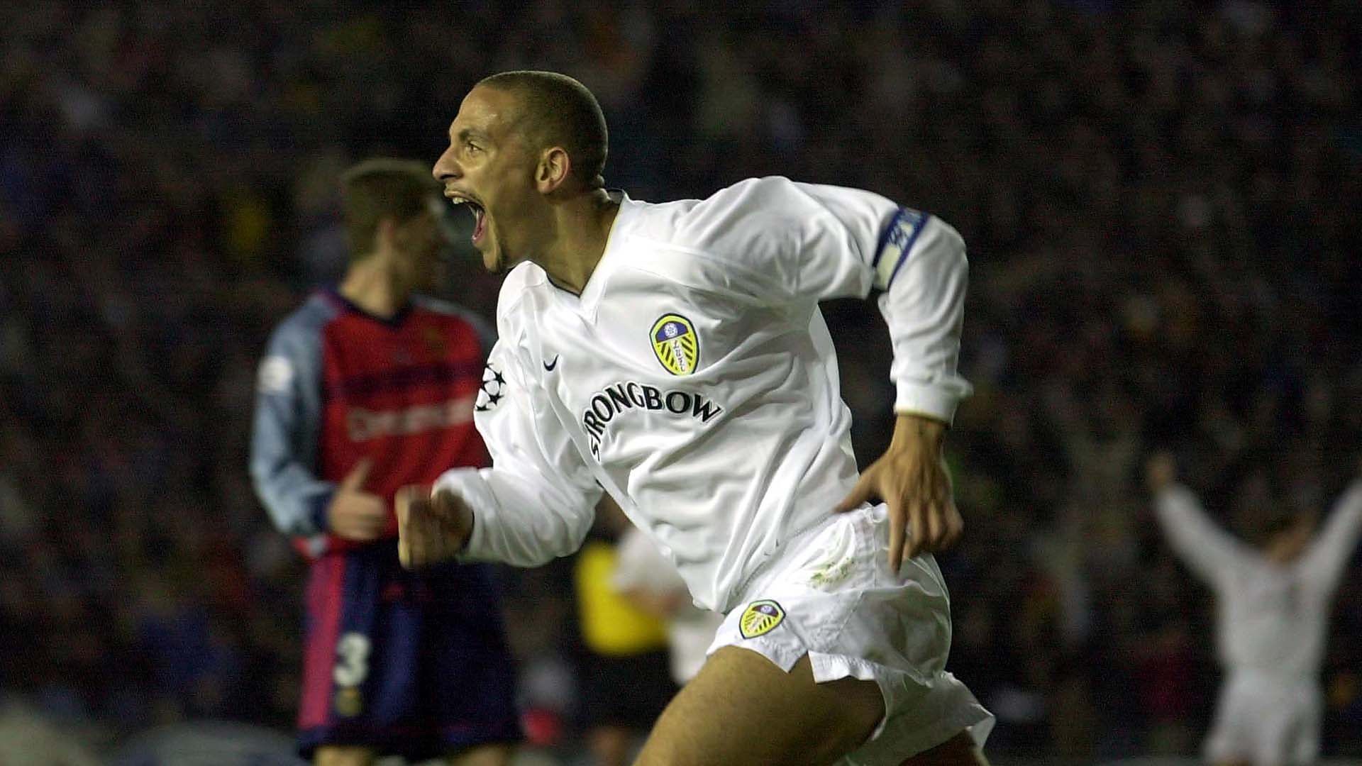 Rio Ferdinand celebrates a goal for Leeds in the Champions League